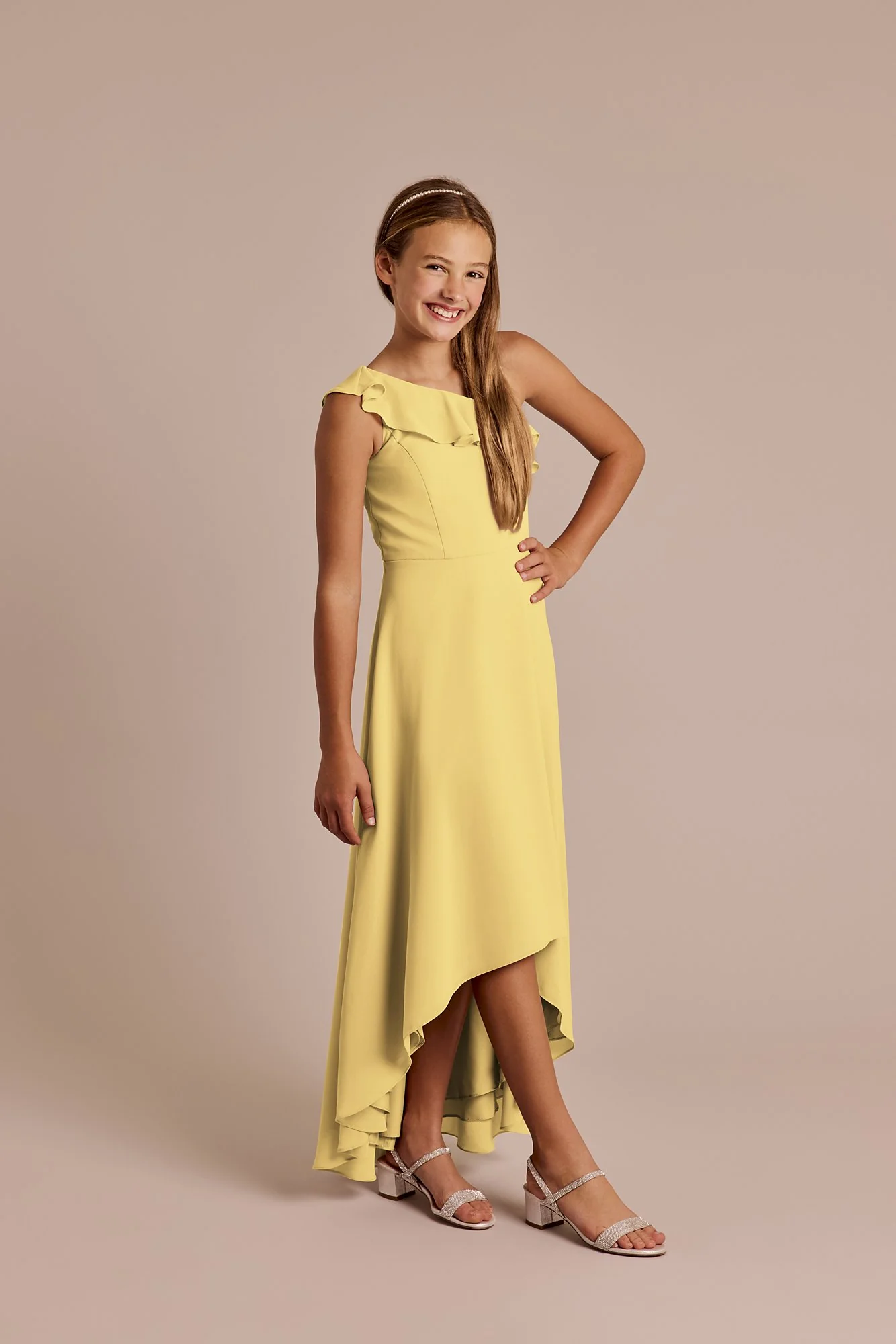 Chiffon Ruffle One-Shoulder High-Low Junior Dress - Image 9
