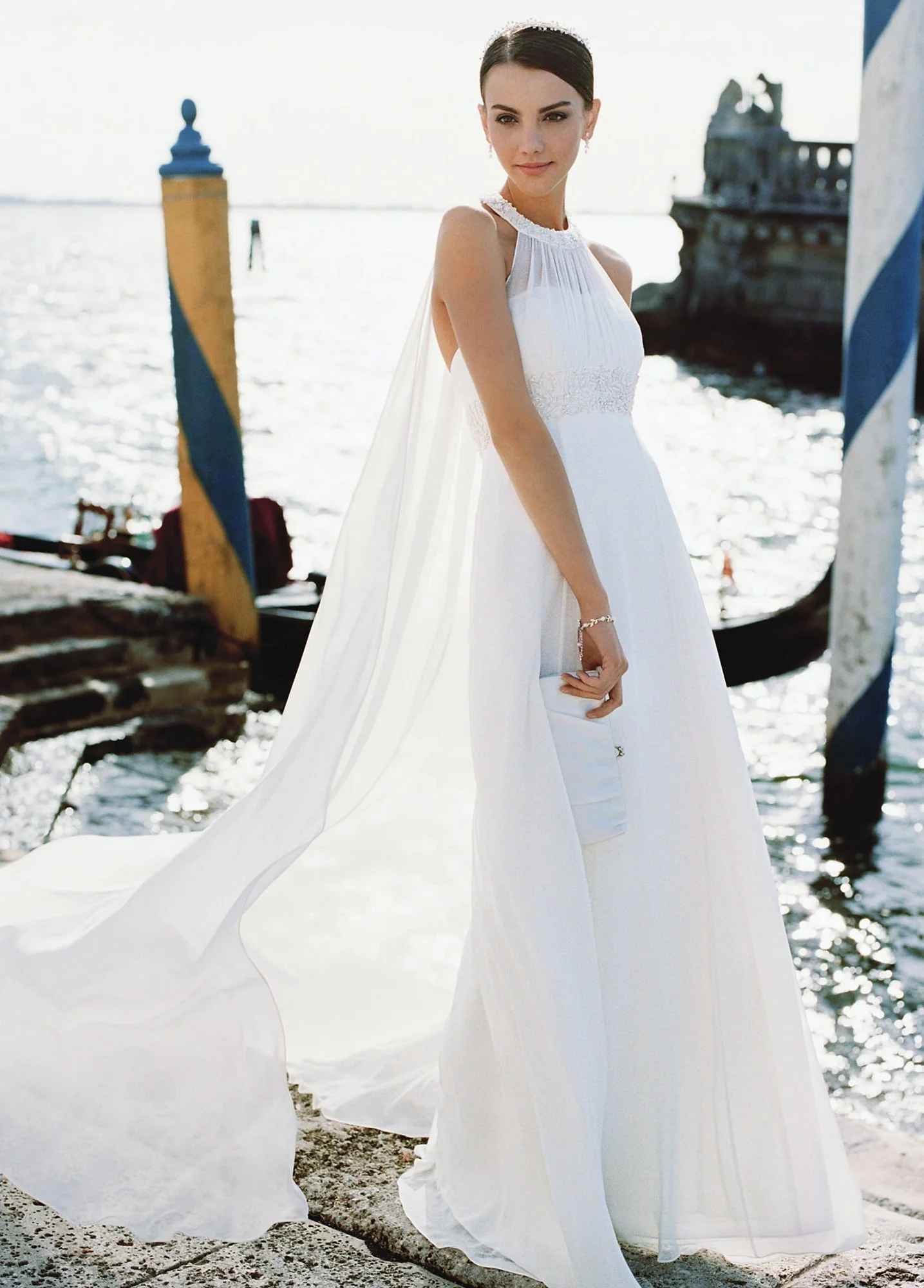 Chiffon slim gown with beaded empire waist and hal - Image 2