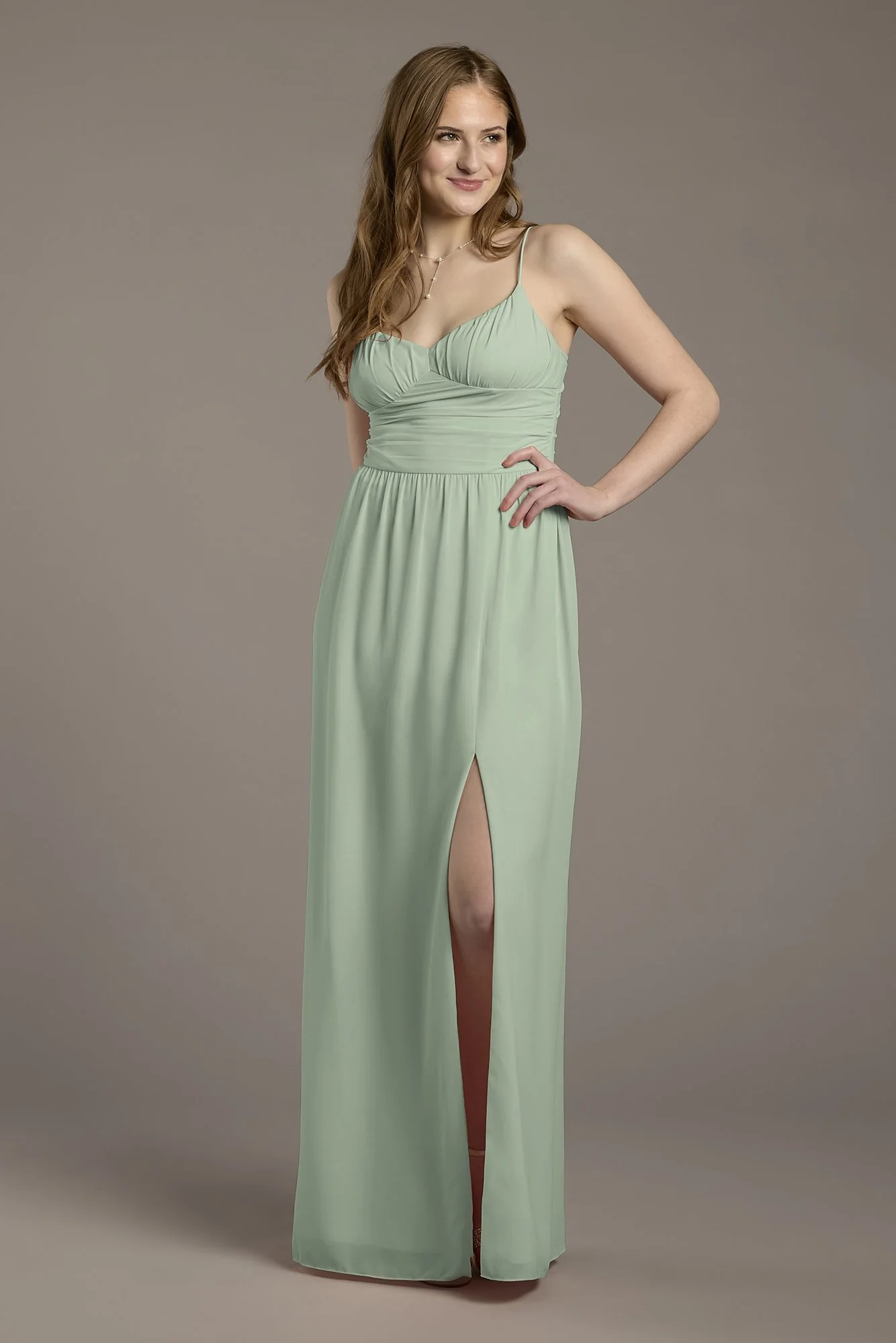 Chiffon Spaghetti Strap A-Line Dress with Slit - Image 2