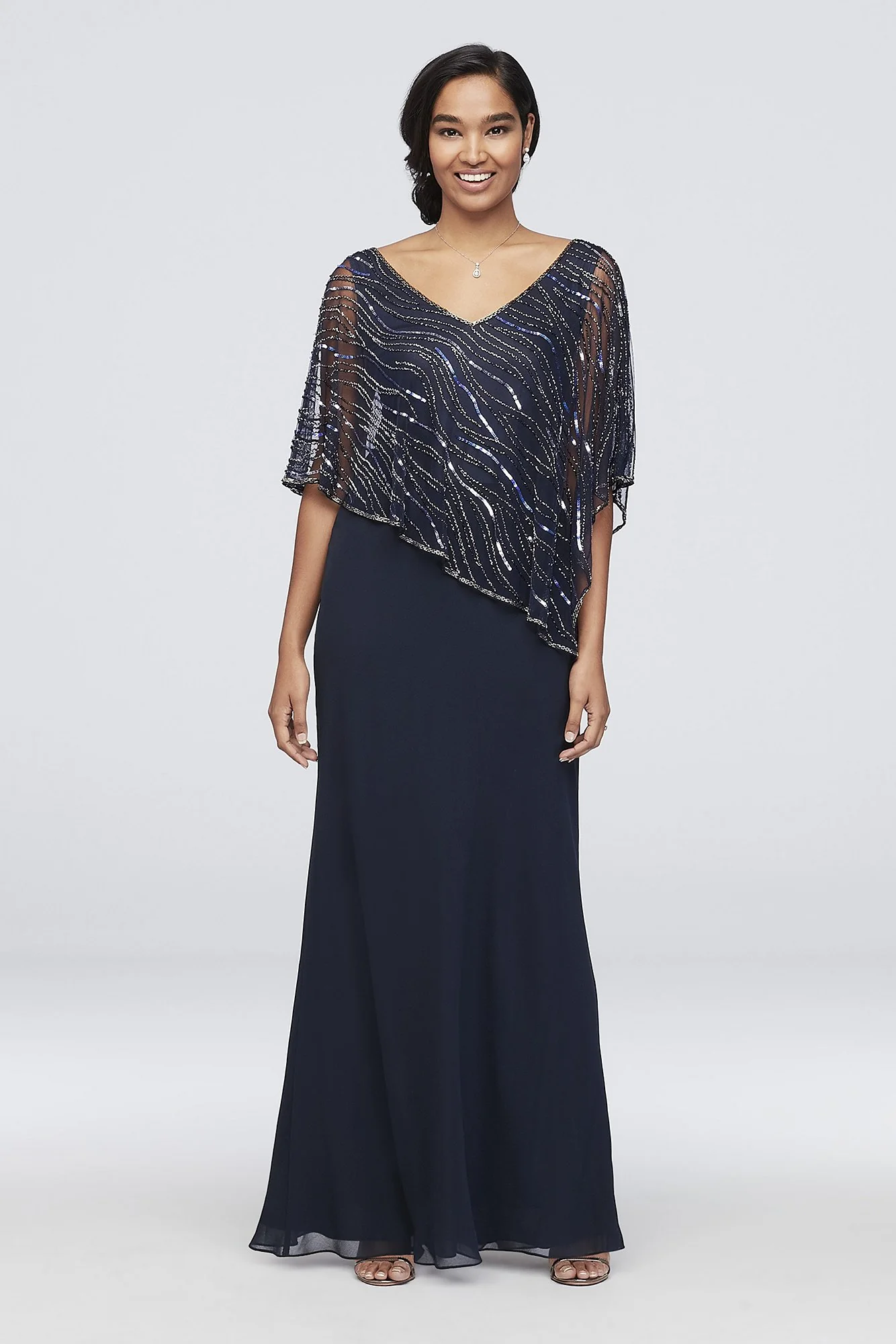 Chiffon V-Neck Sheath Dress with Beaded Capelet - Image 2