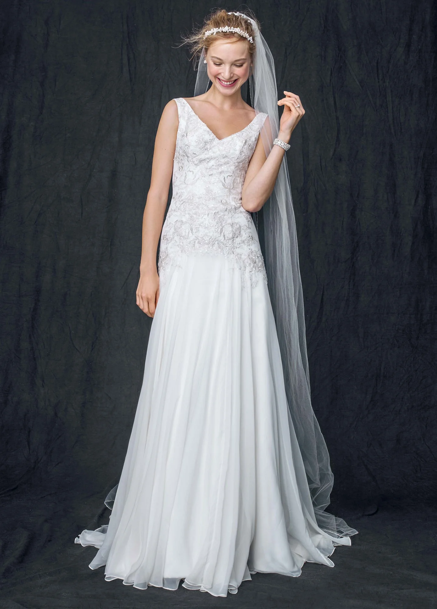 Chiffon Wedding Dress with V-Neck Beaded Bodice