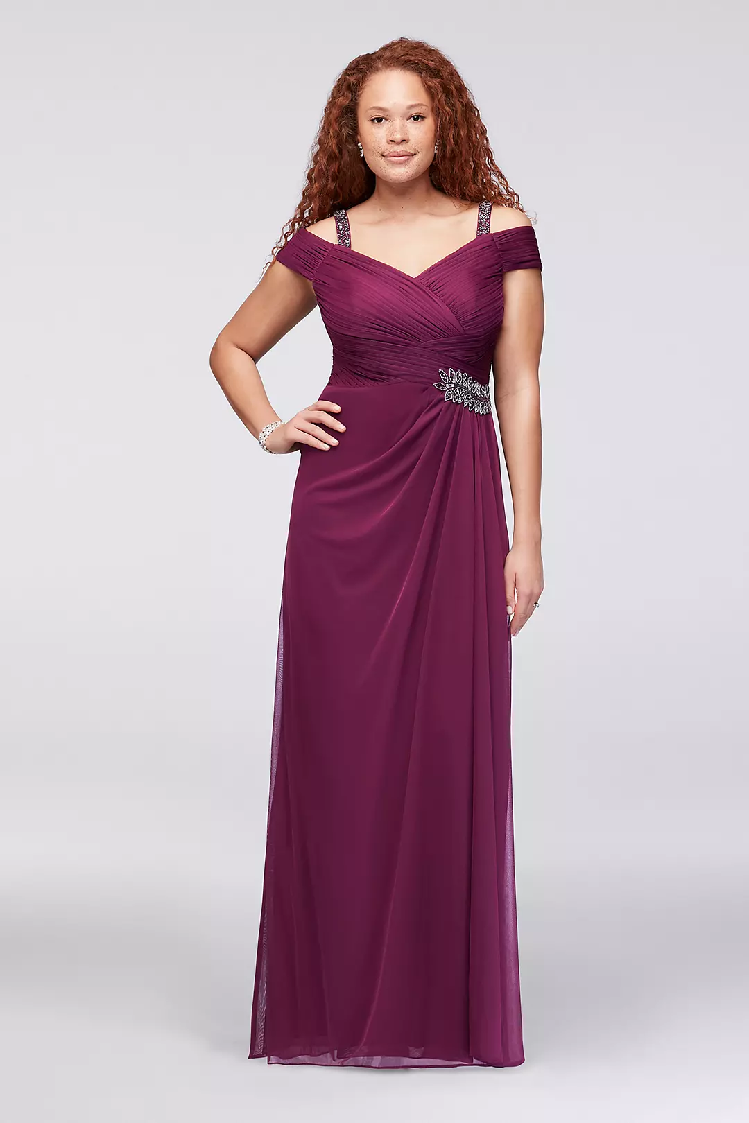 Cold-Shoulder Pleated Mesh Dress with Beading - Image 3