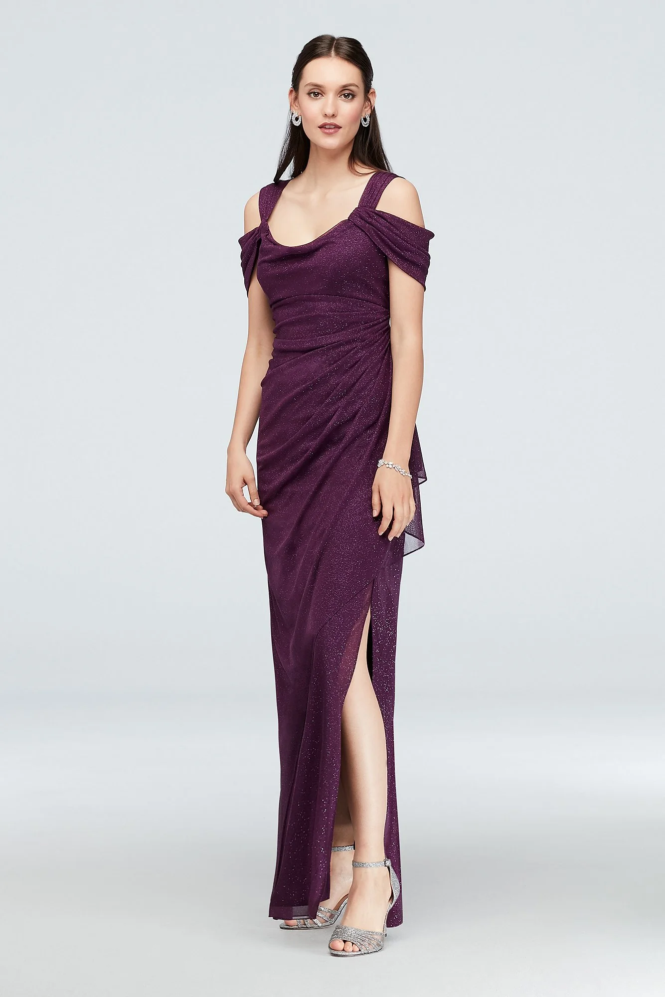 Cold-Shoulder Ruched Mesh Petite Sheath Gown