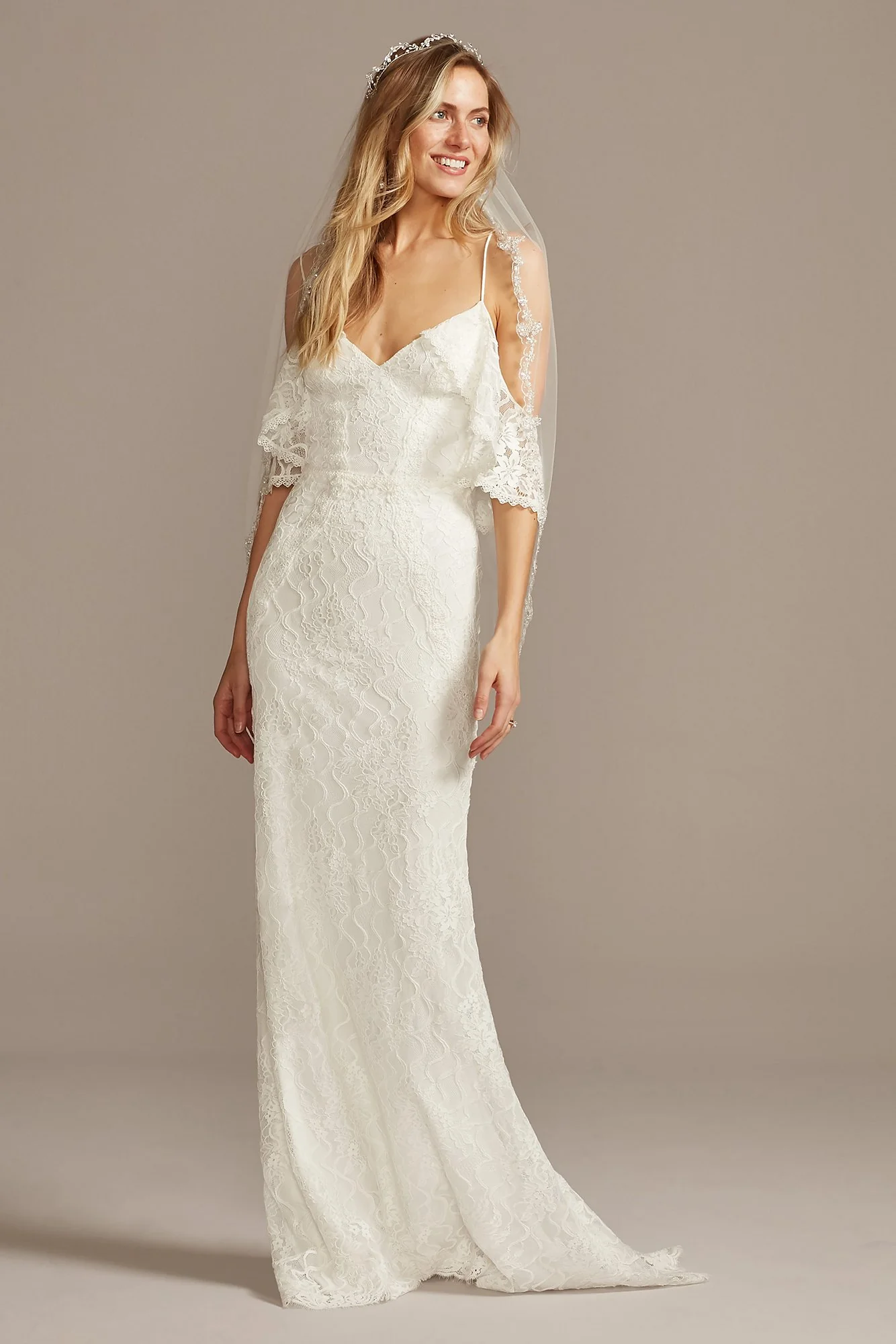 Ruffle Cold Shoulder Wedding Dress