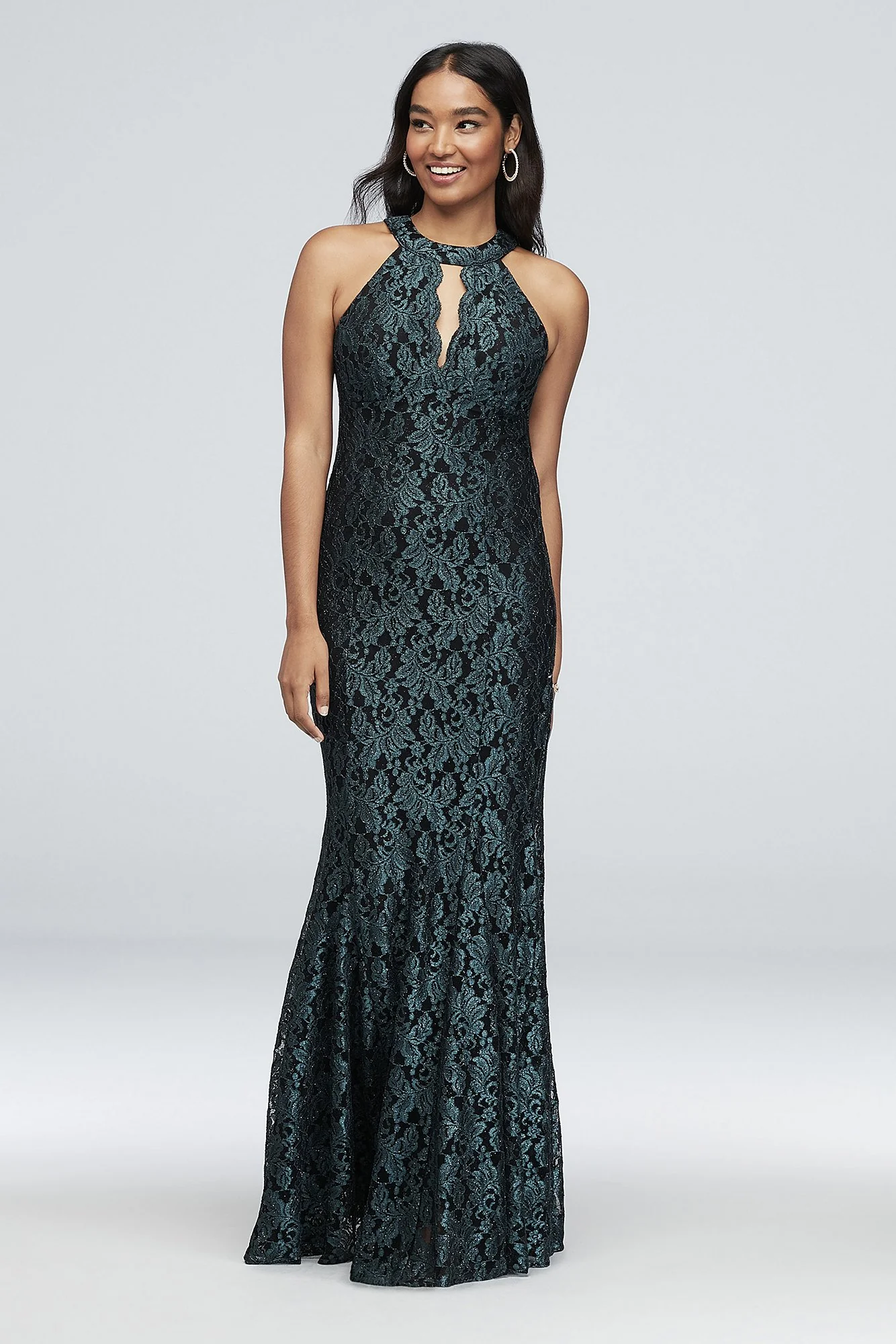 Contrast Lace High-Neck Halter Mermaid Gown