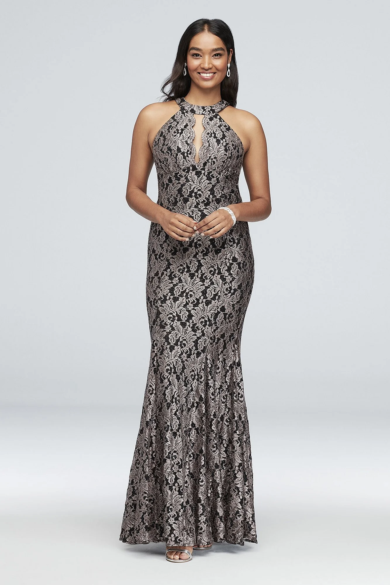 Contrast Lace High-Neck Halter Mermaid Gown - Image 3