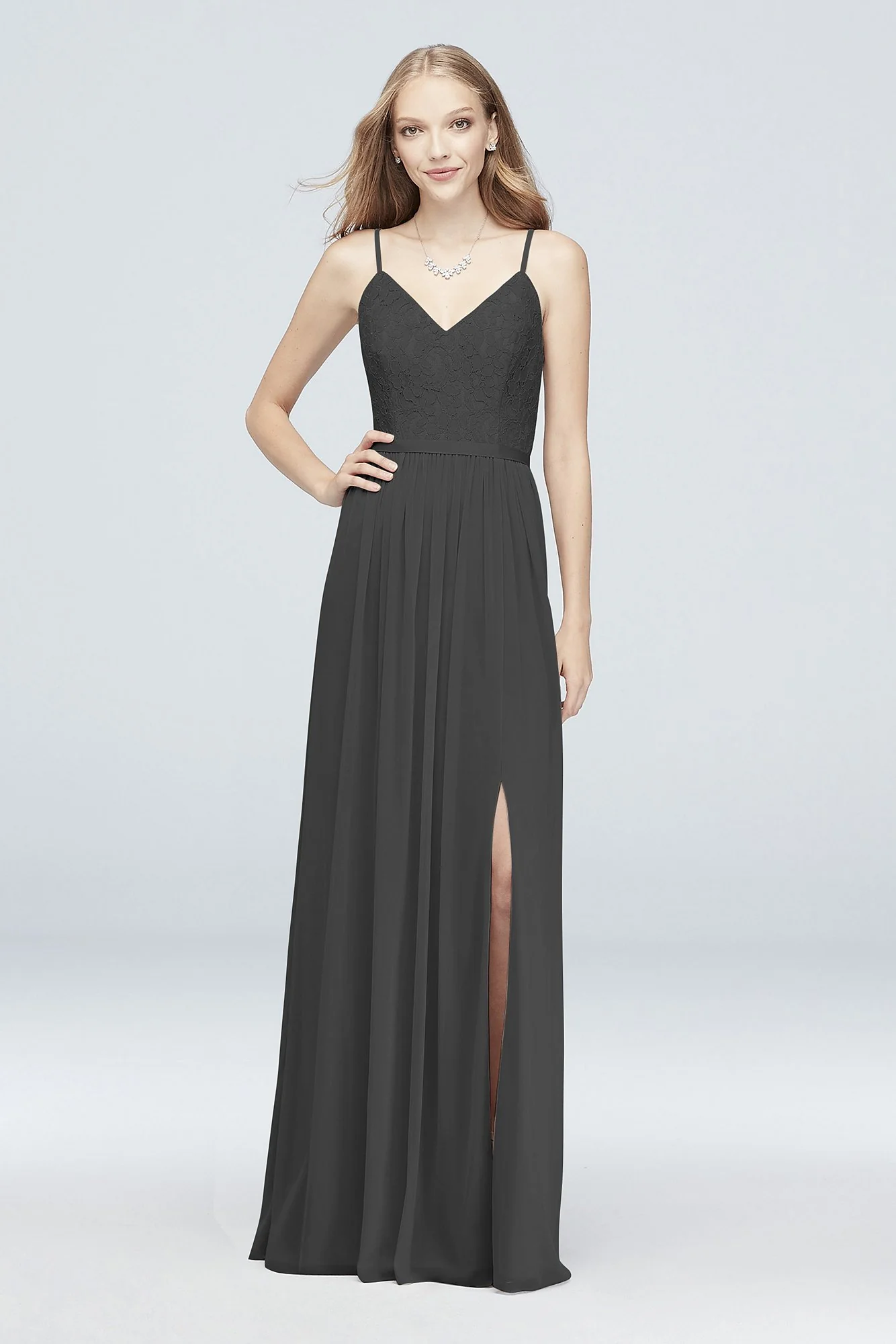 Long Corded Lace and Mesh Bridesmaid Dress - Image 12