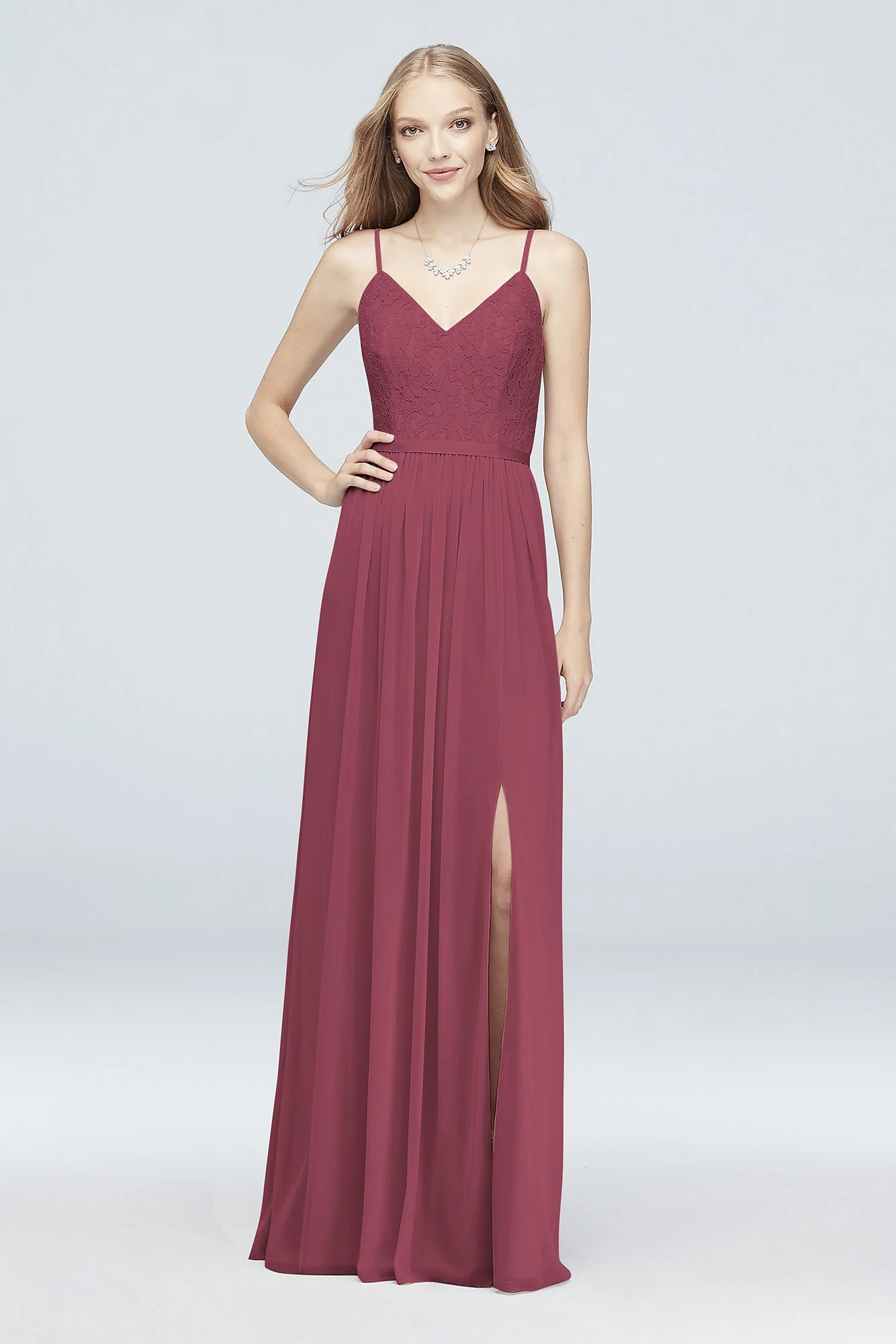 Long Corded Lace and Mesh Bridesmaid Dress - Image 14