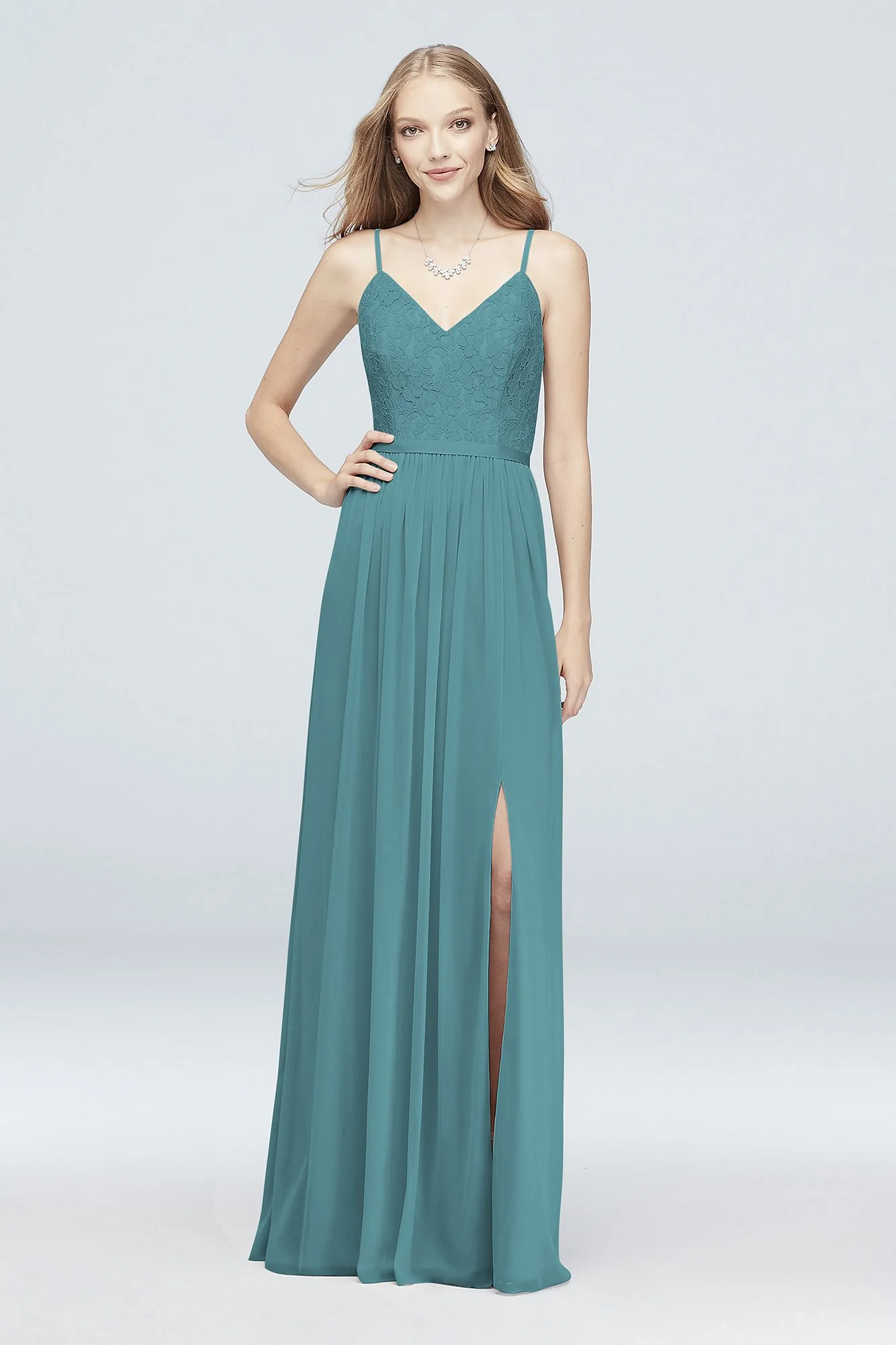 Long Corded Lace and Mesh Bridesmaid Dress - Image 17
