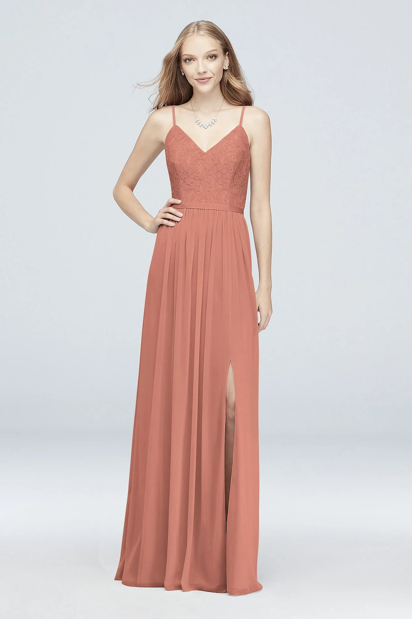 Long Corded Lace and Mesh Bridesmaid Dress - Image 38