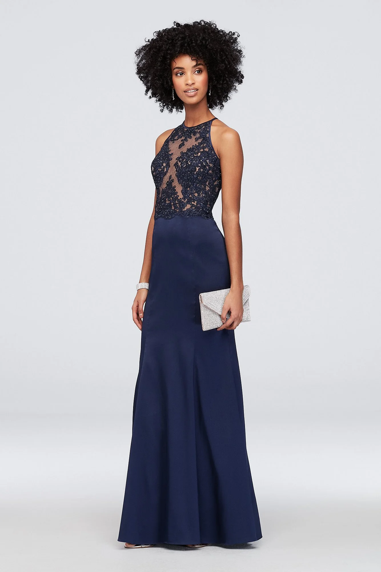 Corded Lace Stretch Taffeta Mermaid Halter Dress - Image 2
