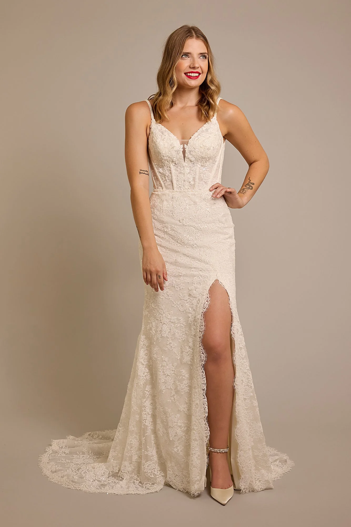 Corset Bodice Beaded Lace Sheath Wedding Dress - Image 13