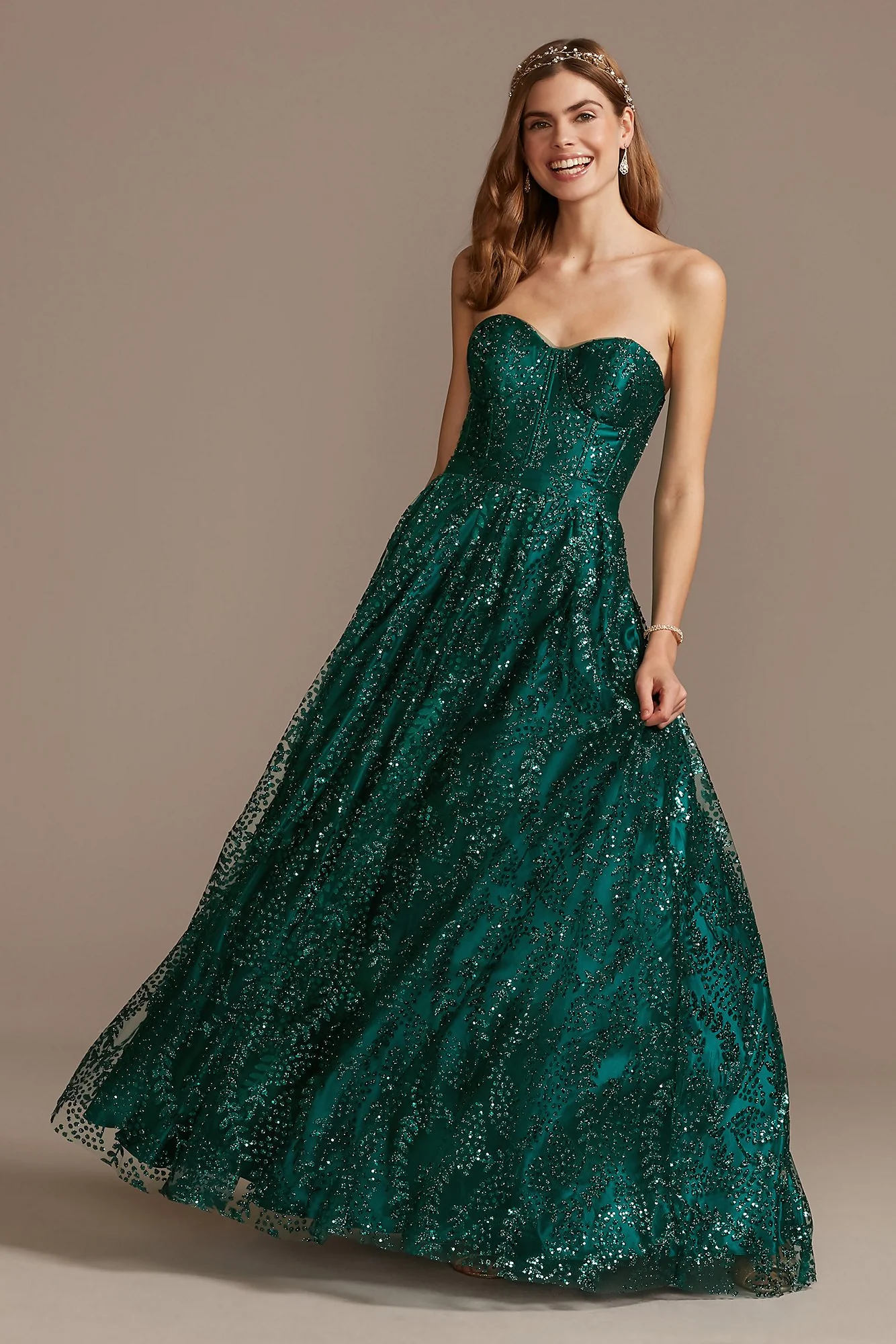 Corset Bodice Strapless Gown with Glitter Overlay