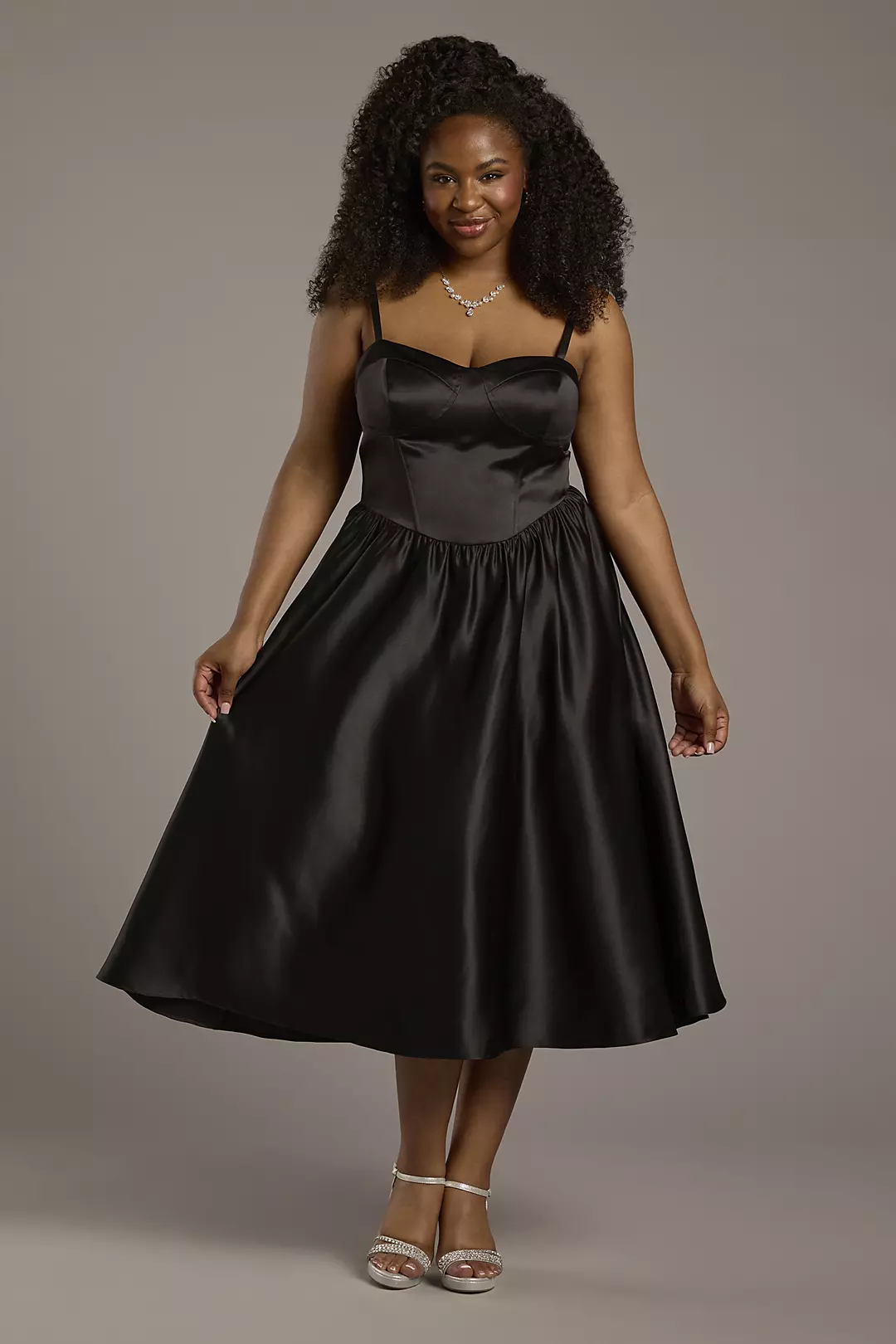 Corset Seam Full Skirt Satin A-Line Dress - Image 2