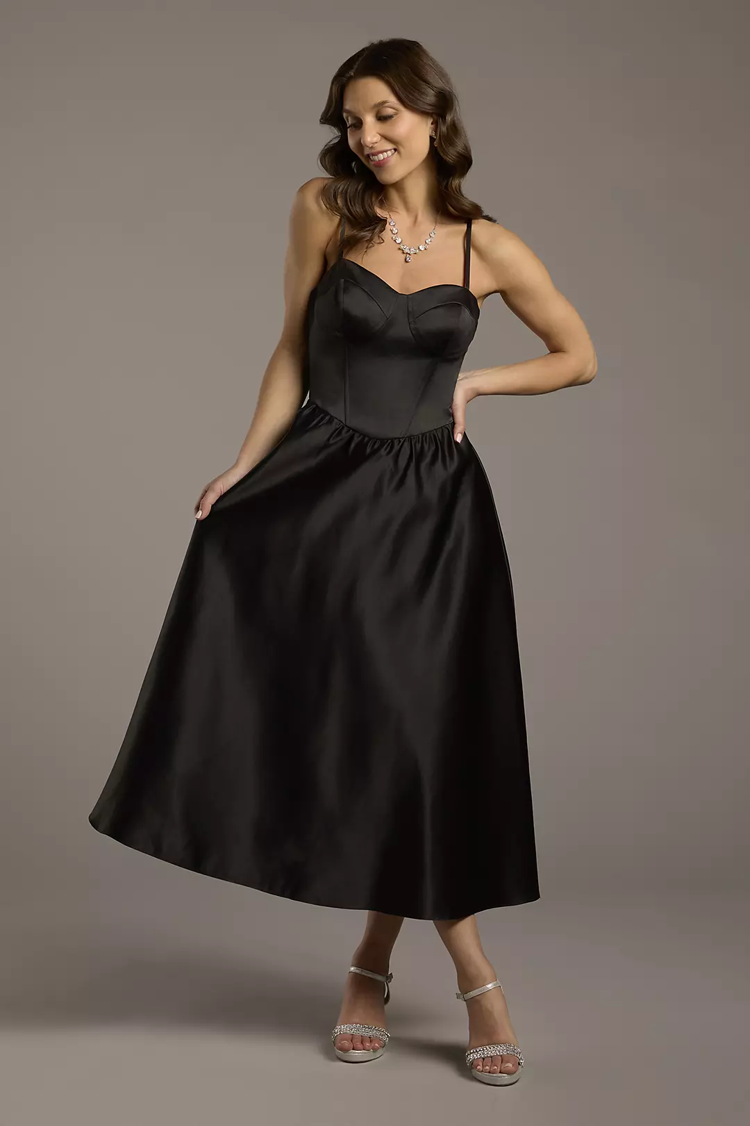 Corset Seam Full Skirt Satin A-Line Dress - Image 3