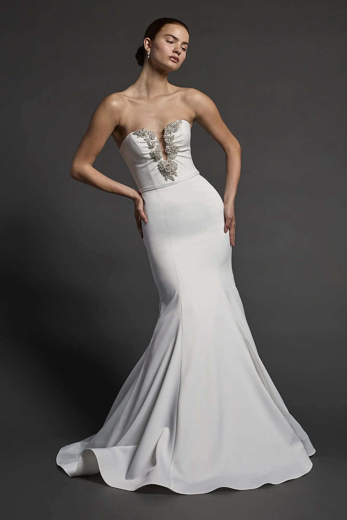 Couture Beaded Stretch Satin Plunge Mermaid Gown - Image 2