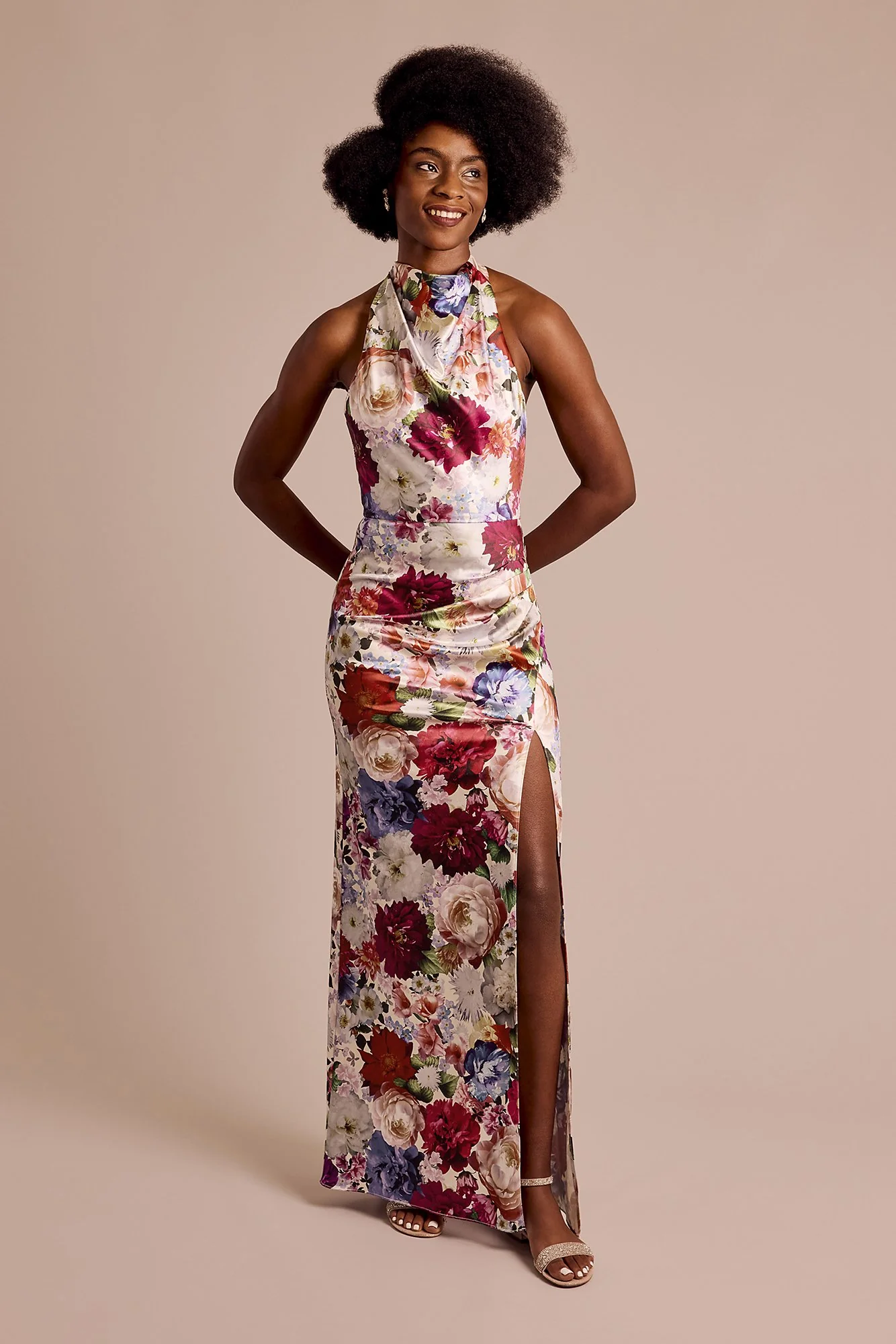 Cowl Halter Neckline Floral Print Sheath Dress