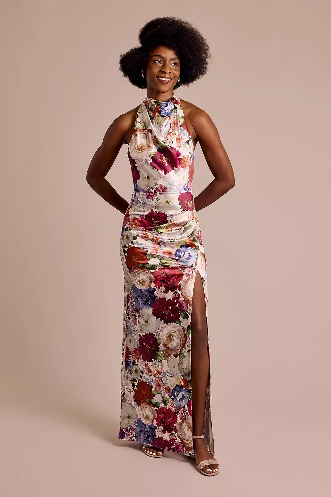 Cowl Halter Neckline Floral Print Sheath Dress - Image 3