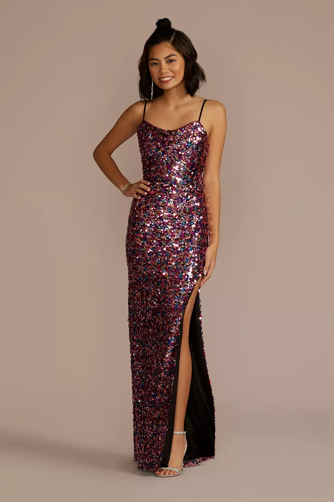 Cowl Neck Allover Sequin Dress with Slit - Image 3