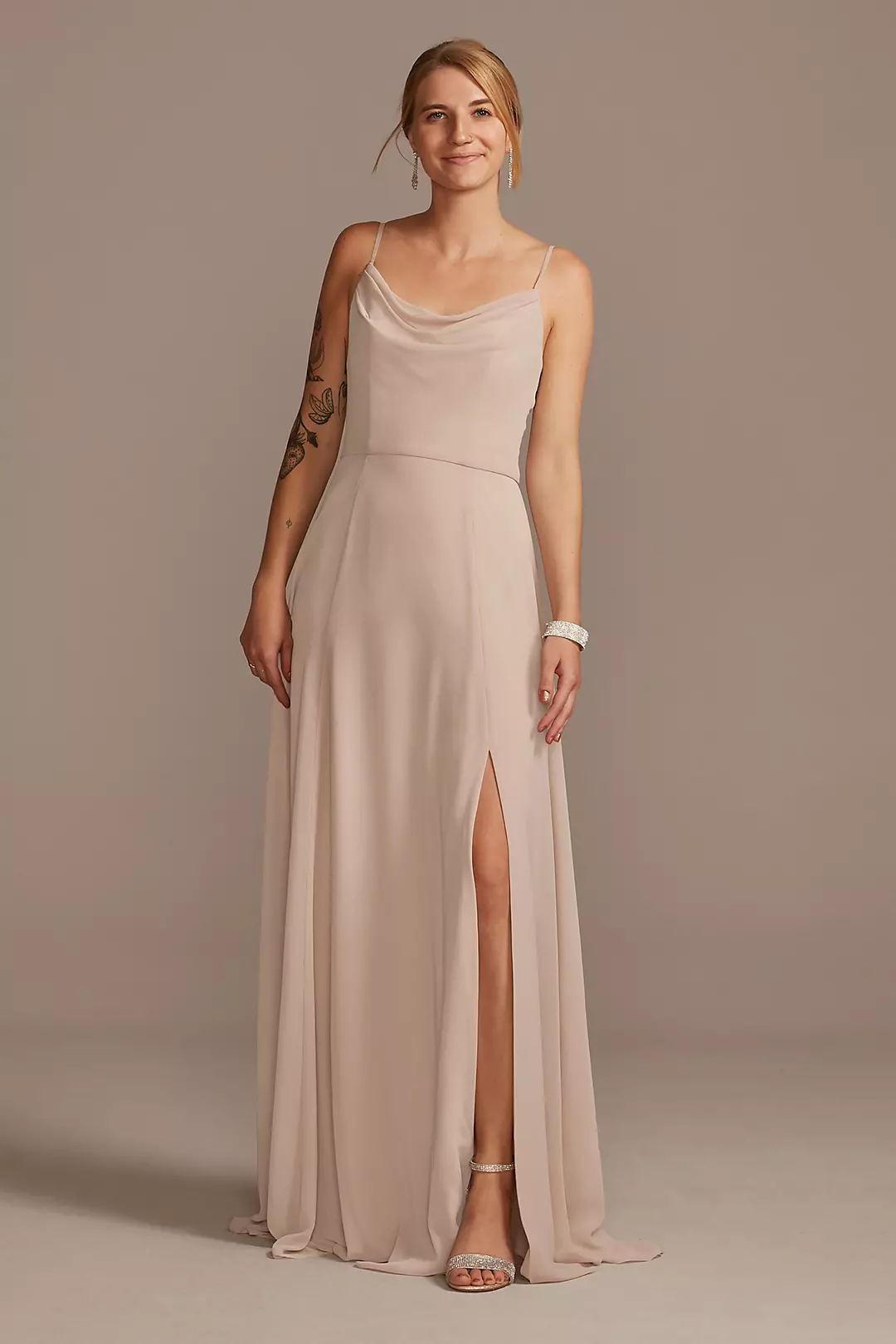 Cowl Neck Chiffon Dress with Slit - Image 101