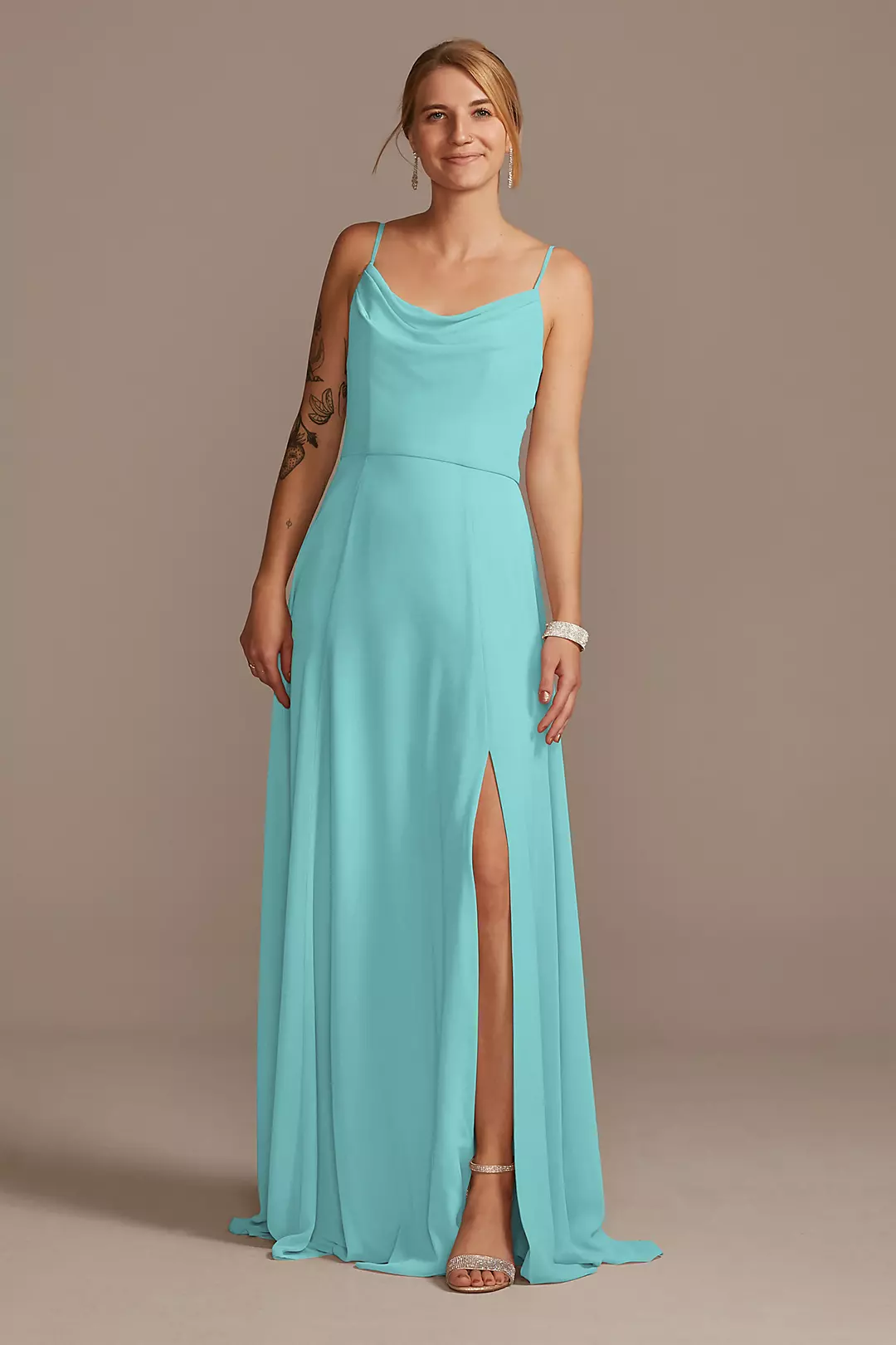 Cowl Neck Chiffon Dress with Slit - Image 104