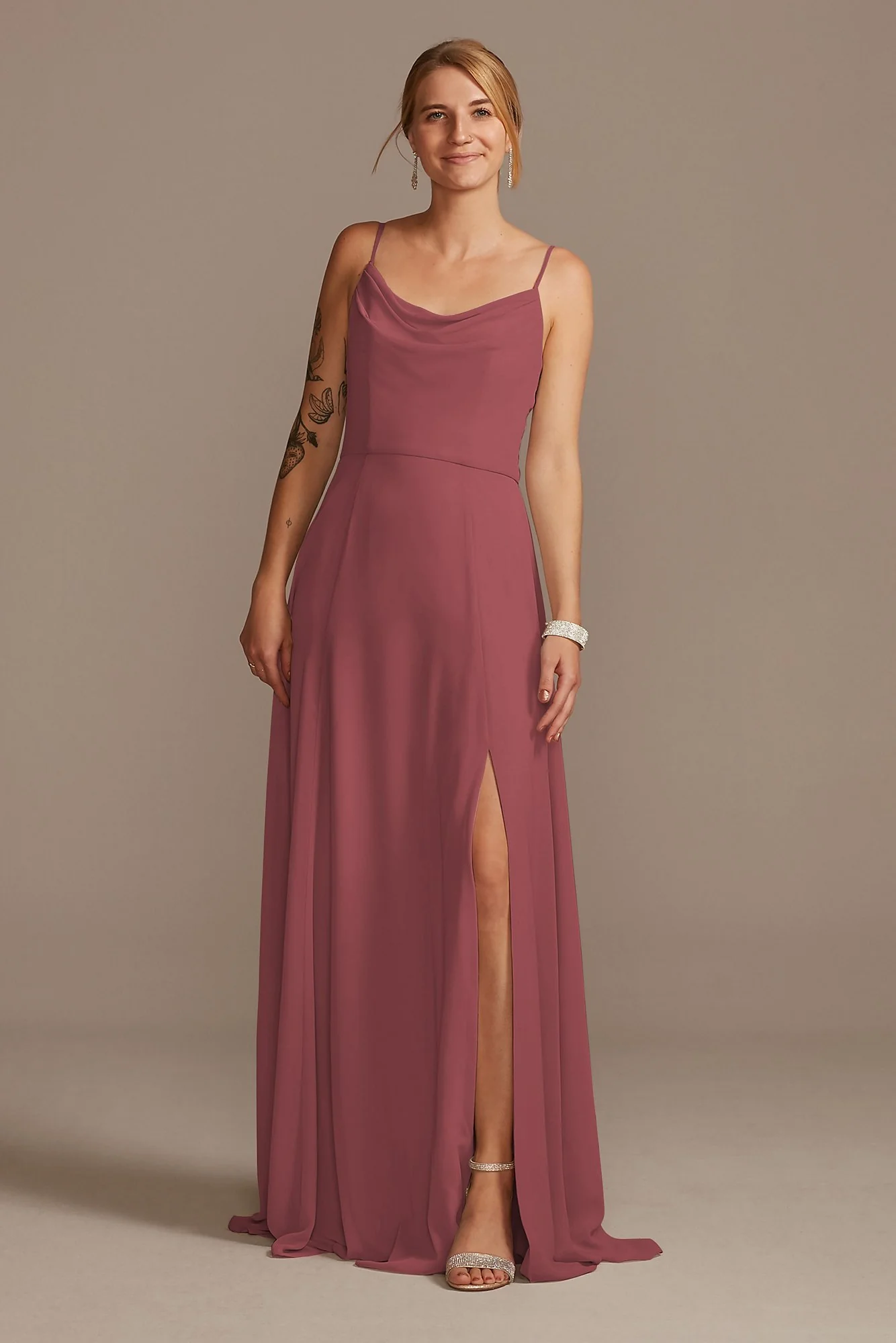 Cowl Neck Chiffon Dress with Slit - Image 11