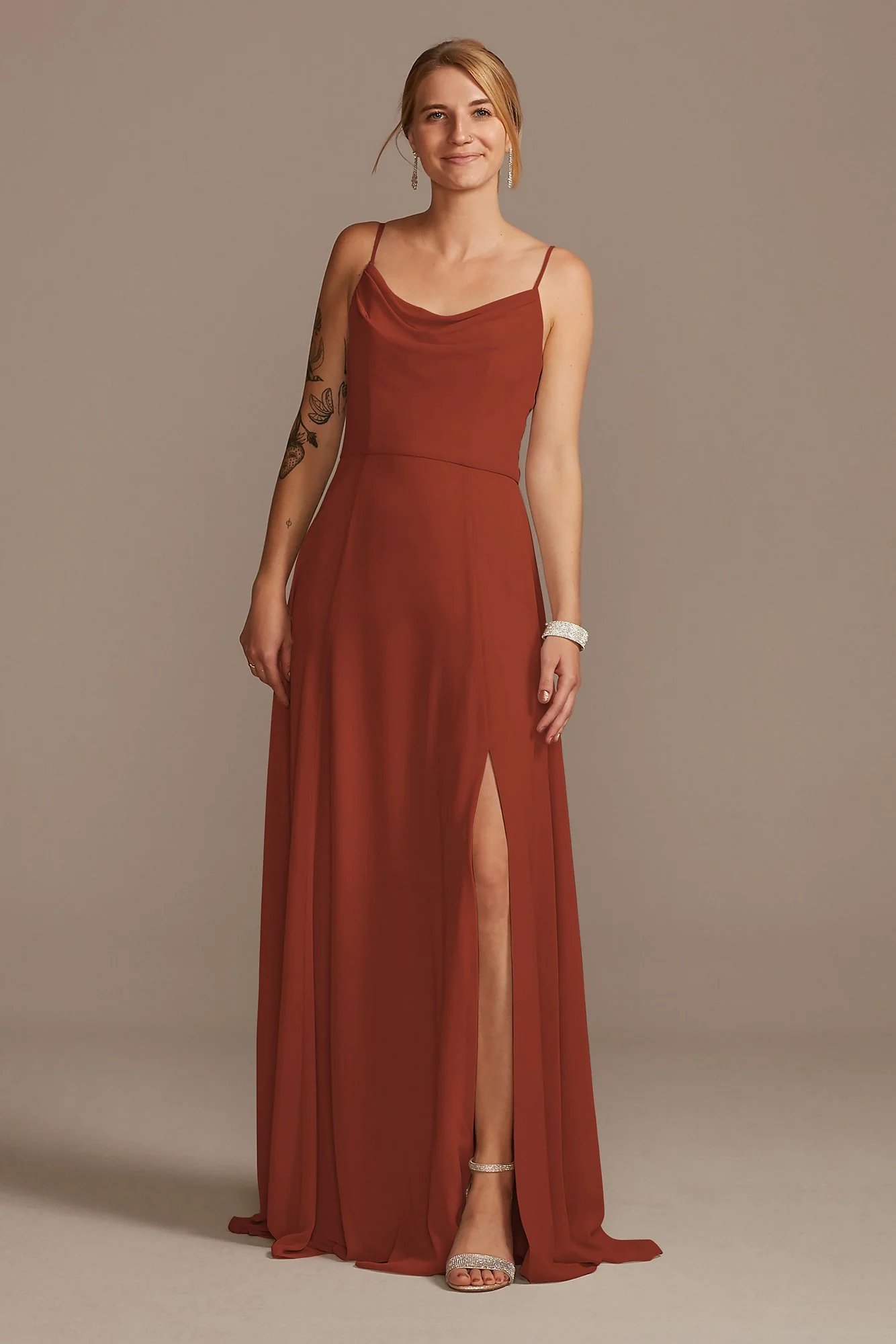 Cowl Neck Chiffon Dress with Slit - Image 15