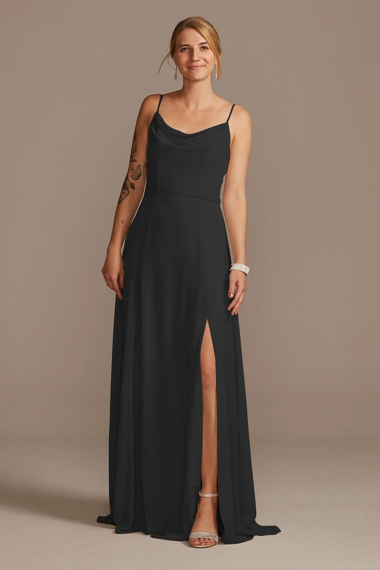 Cowl Neck Chiffon Dress with Slit - Image 3
