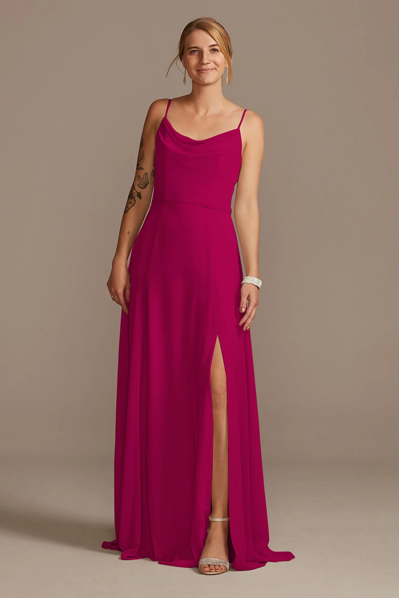 Cowl Neck Chiffon Dress with Slit - Image 38