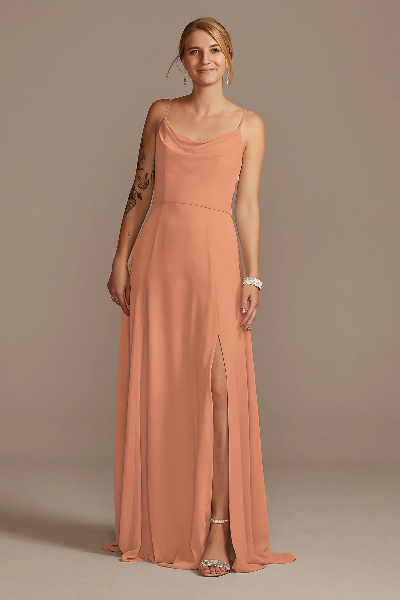 Cowl Neck Chiffon Dress with Slit - Image 40