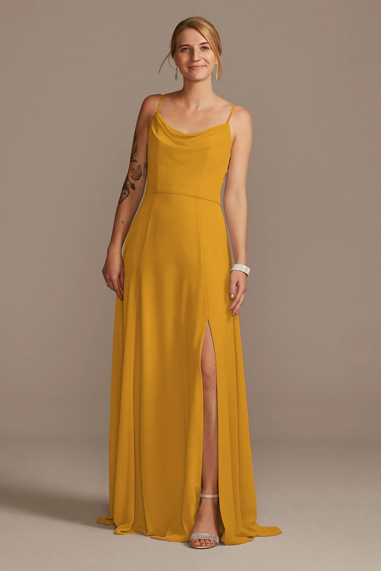 Cowl Neck Chiffon Dress with Slit - Image 45