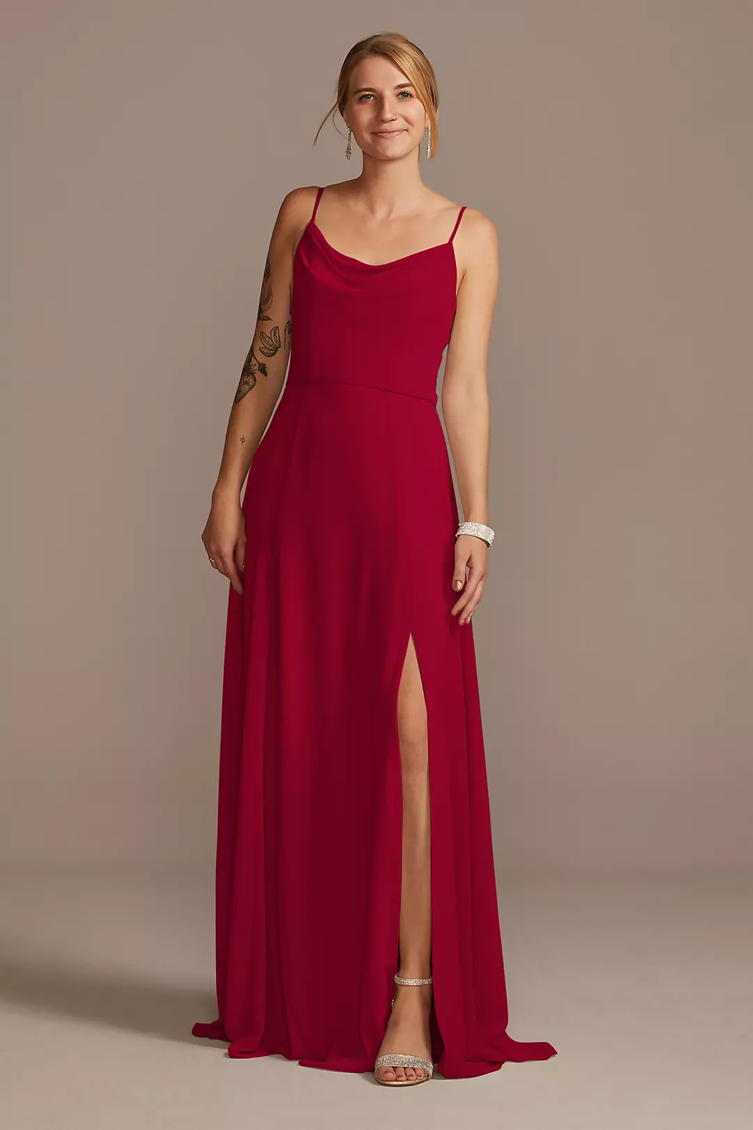 Cowl Neck Chiffon Dress with Slit - Image 48
