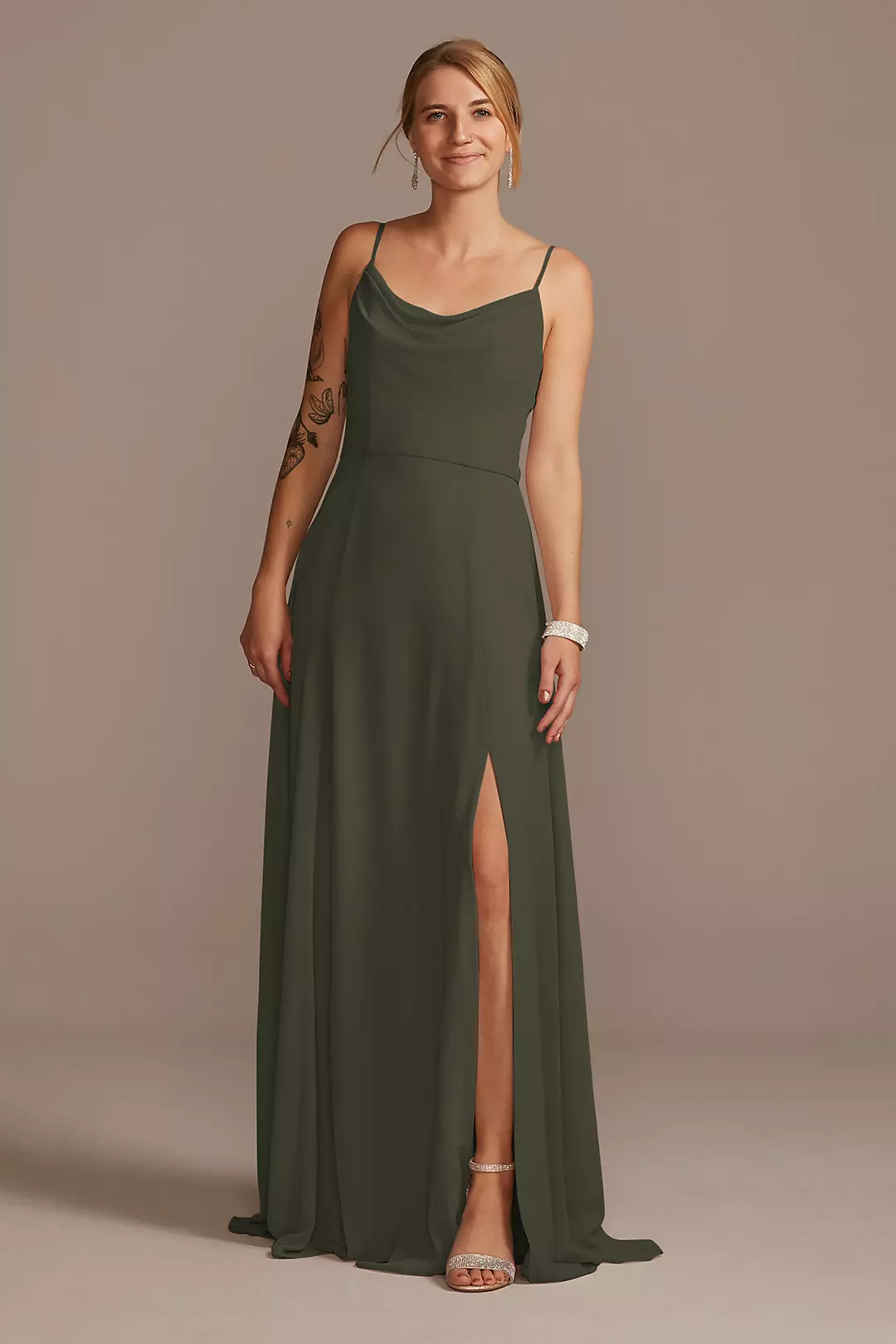 Cowl Neck Chiffon Dress with Slit - Image 54