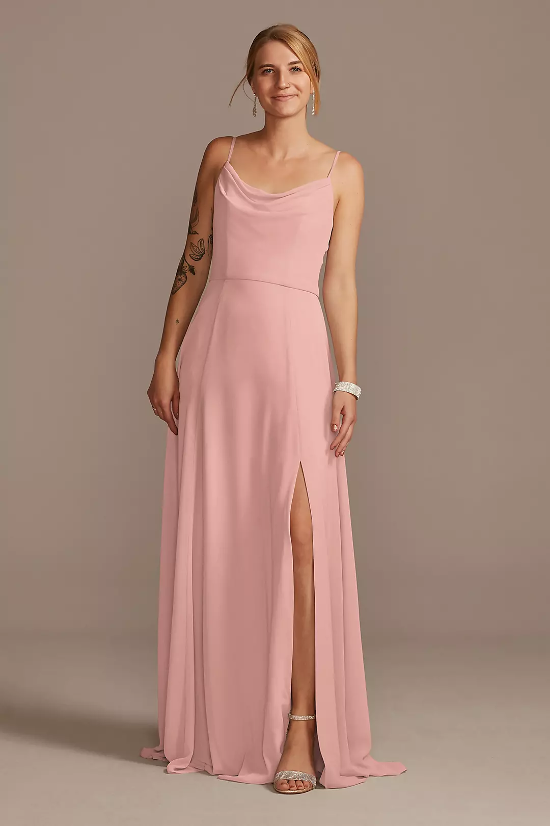 Cowl Neck Chiffon Dress with Slit - Image 56