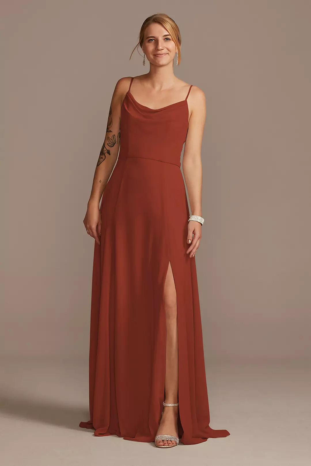 Cowl Neck Chiffon Dress with Slit - Image 65