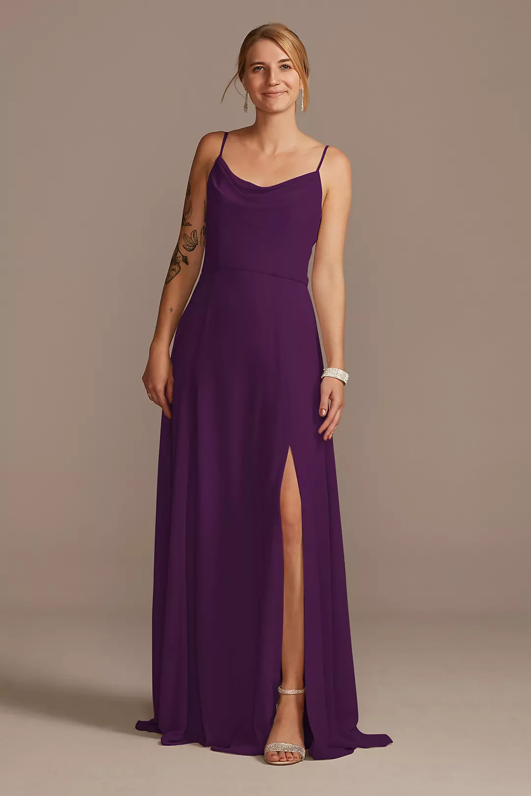 Cowl Neck Chiffon Dress with Slit - Image 83