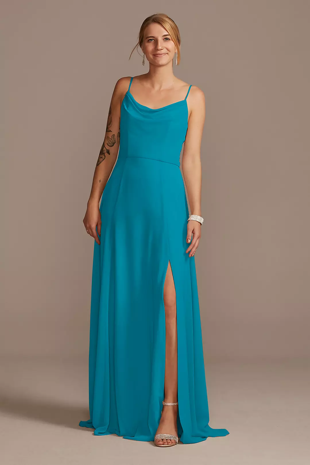 Cowl Neck Chiffon Dress with Slit - Image 85