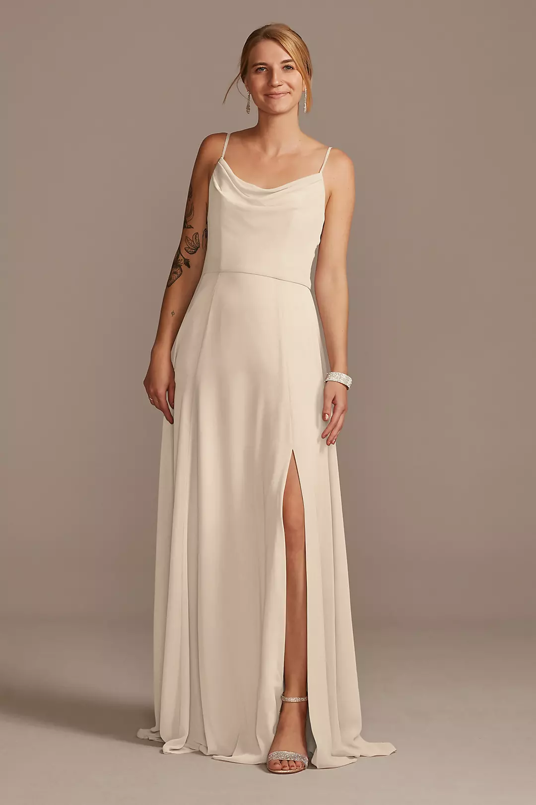 Cowl Neck Chiffon Dress with Slit - Image 90