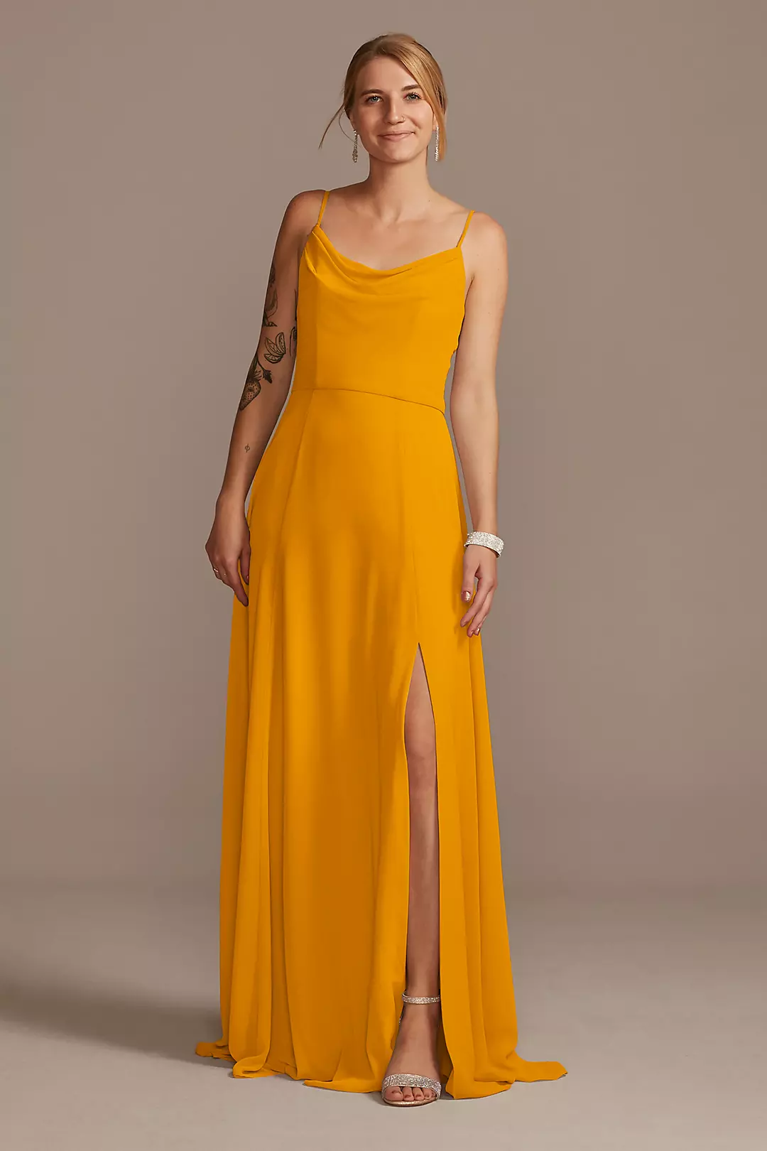 Cowl Neck Chiffon Dress with Slit - Image 94