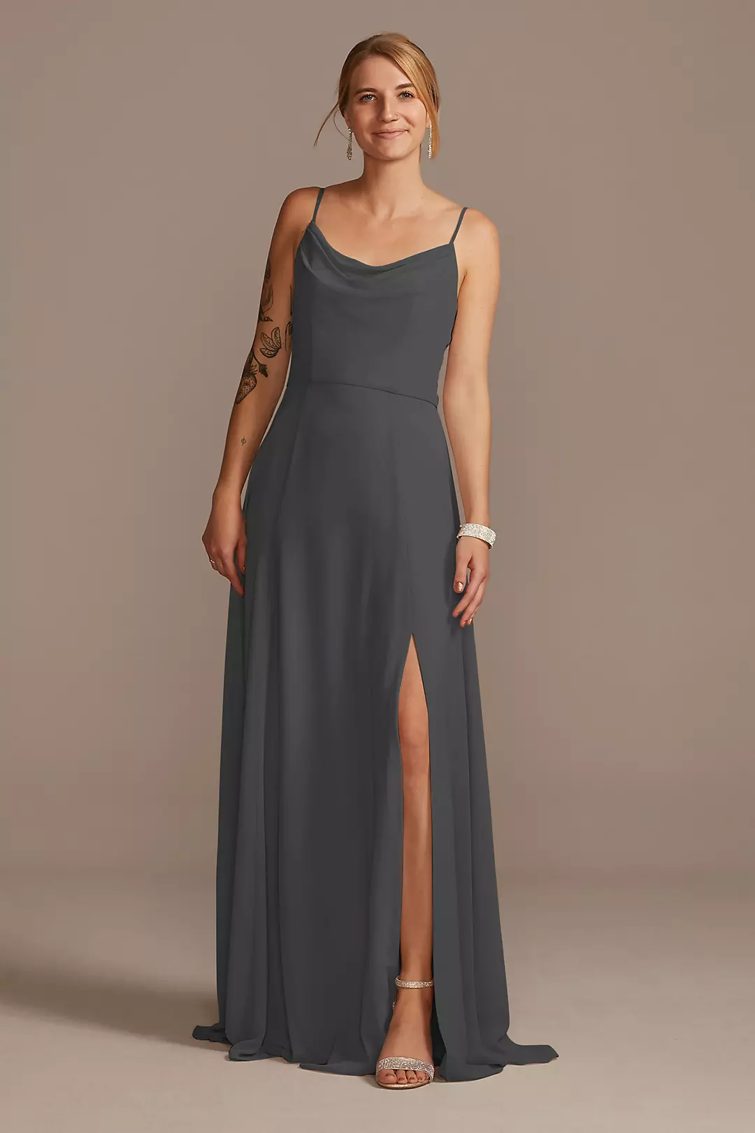 Cowl Neck Chiffon Dress with Slit - Image 96
