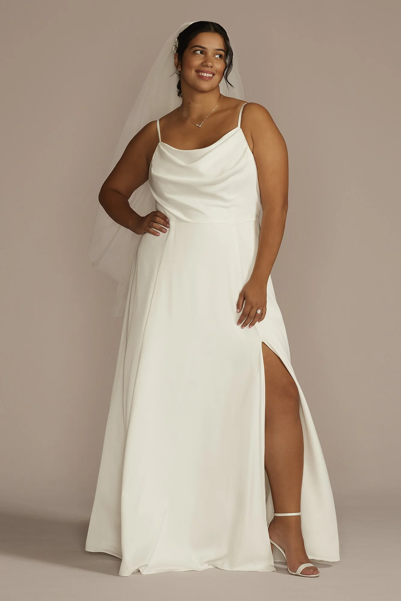 Cowl Neck Crepe Scoop Back A-Line Wedding Dress - Image 4