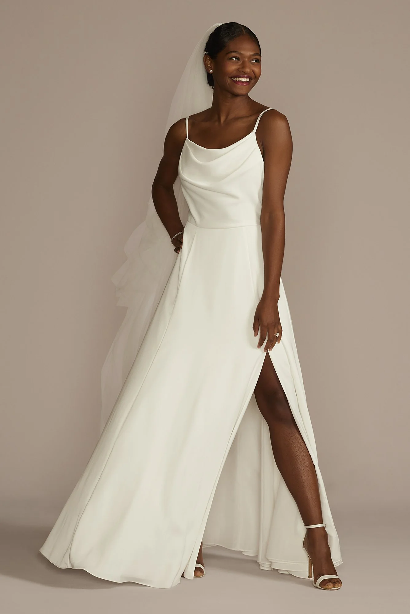 Cowl Neck Crepe Scoop Back A-Line Wedding Dress - Image 5