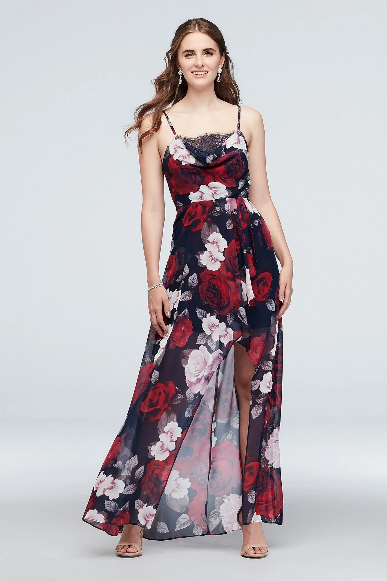 Cowl Neck Floral Hi-Low Spaghetti Strap Dress - Image 2