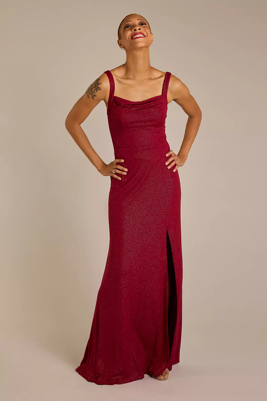 Cowl Neck Glitter Knit Long A-Line Dress - Image 3