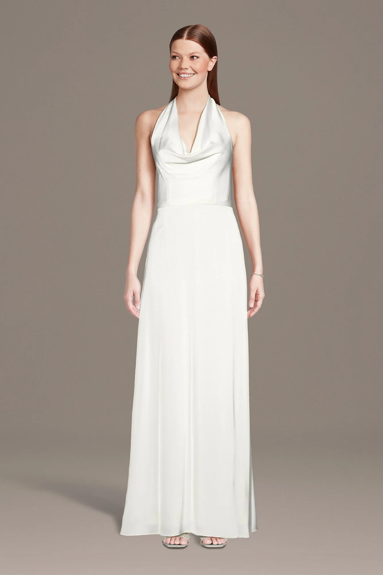 Cowl Neck Halter Matte Satin Sheath Wedding Dress - Image 2