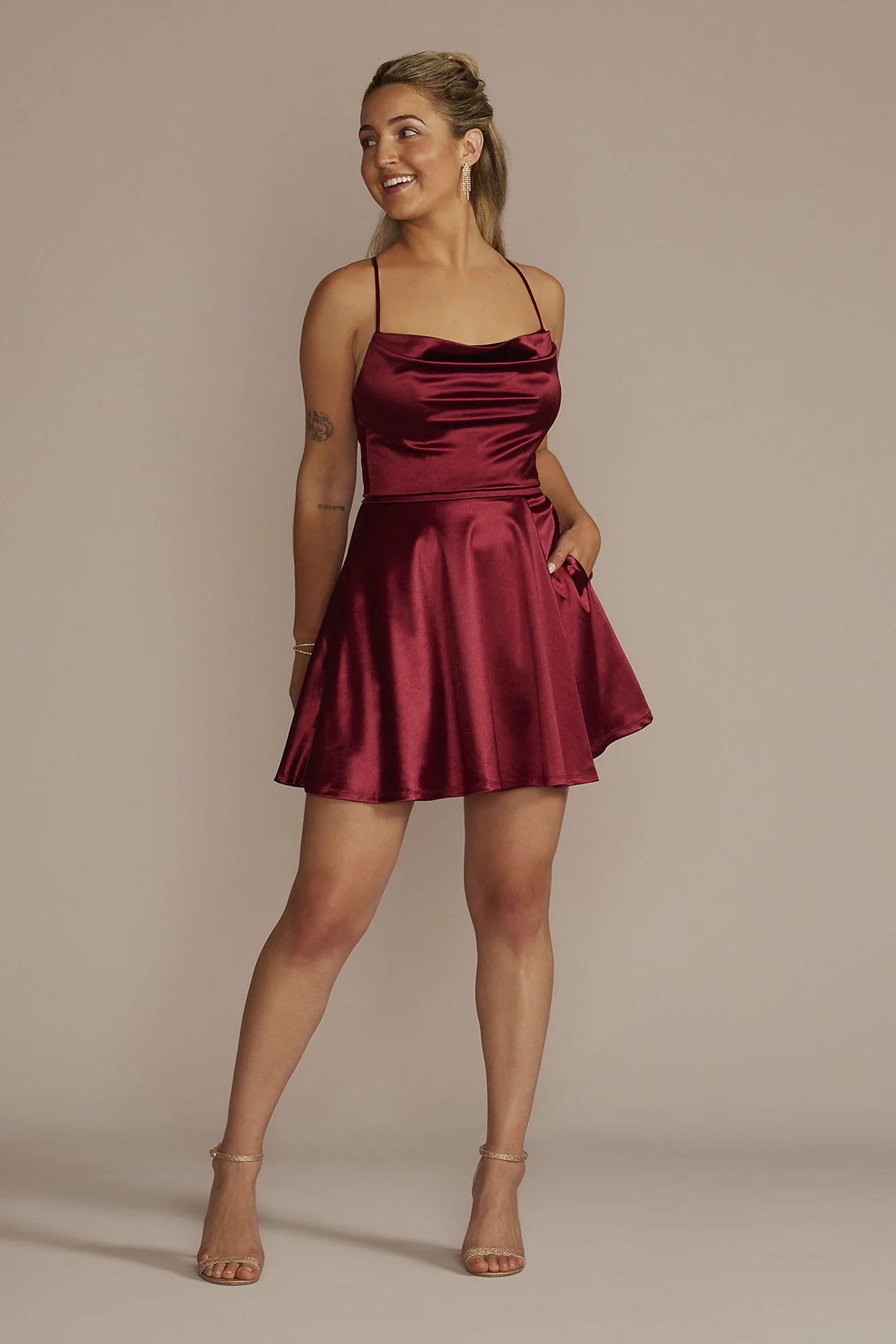 Cowl Neck Short Satin Skater Homecoming Dress - Image 2