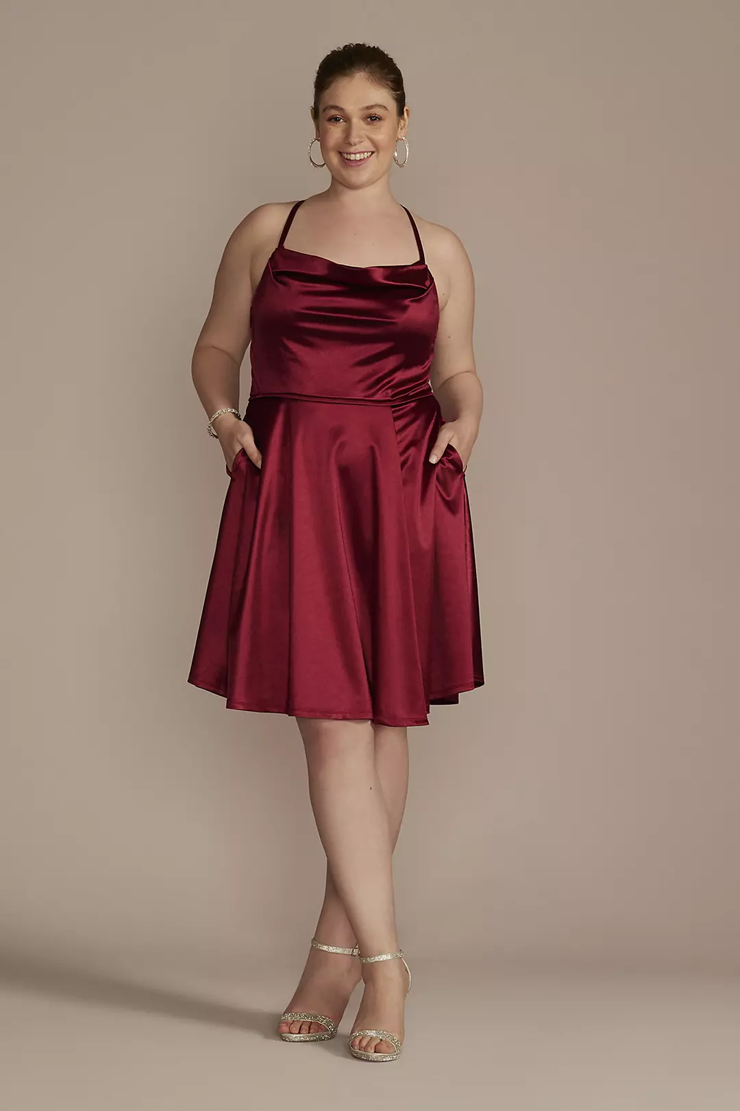 Cowl Neck Short Satin Skater Homecoming Dress - Image 4