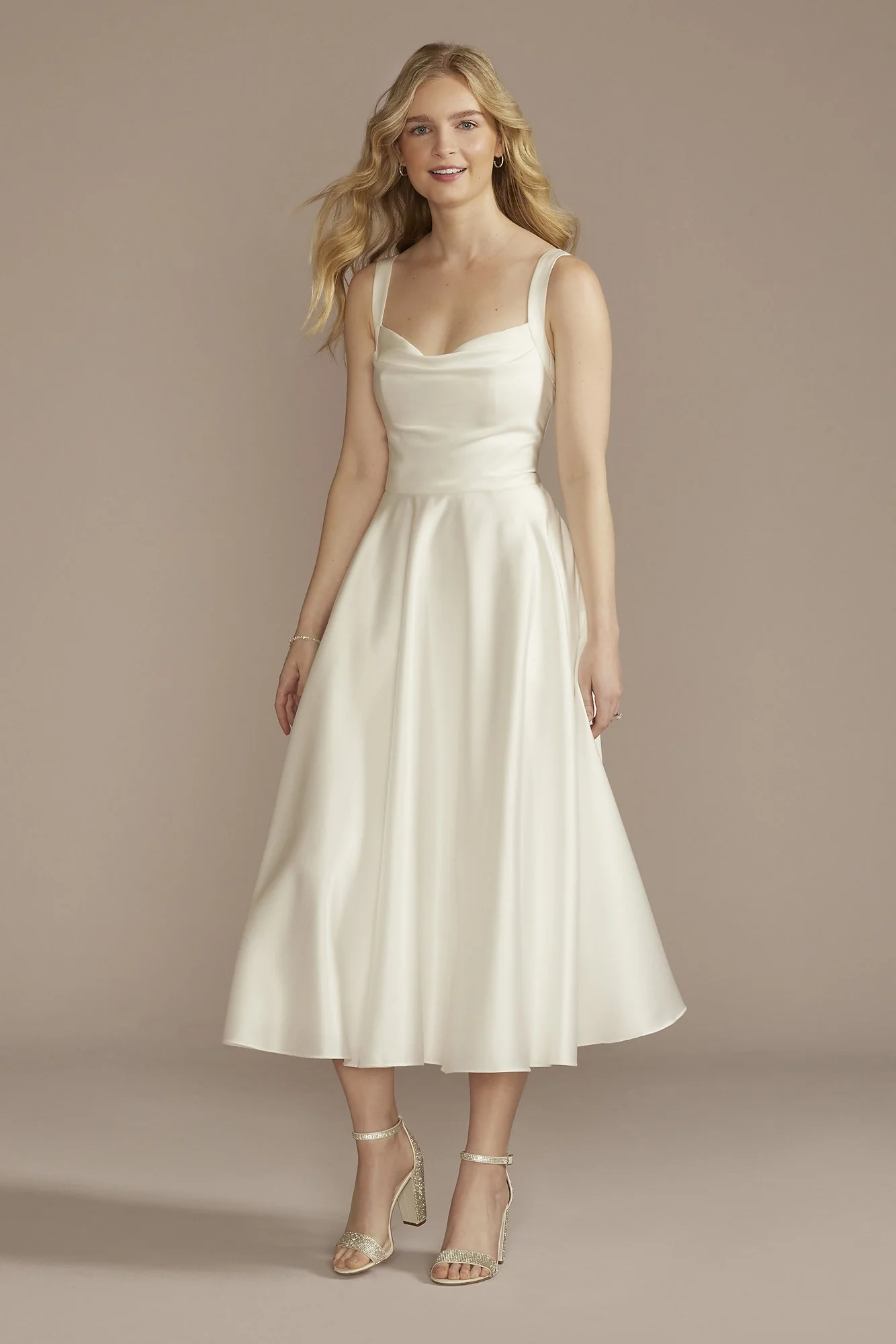 Cowl Neck Tea-Length Satin A-Line Dress