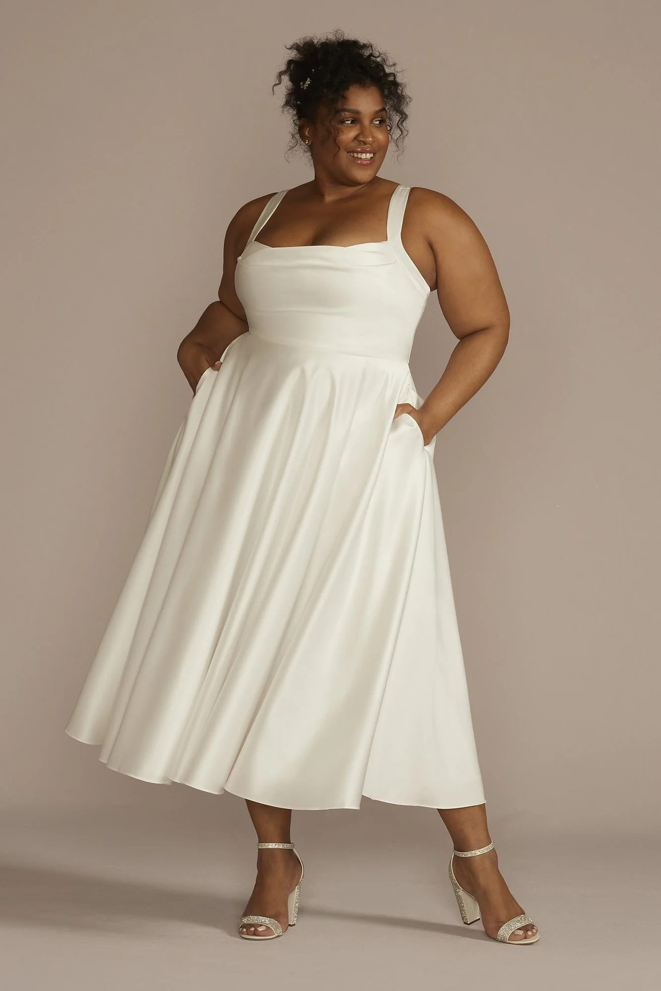 Cowl Neck Tea-Length Satin A-Line Dress - Image 2