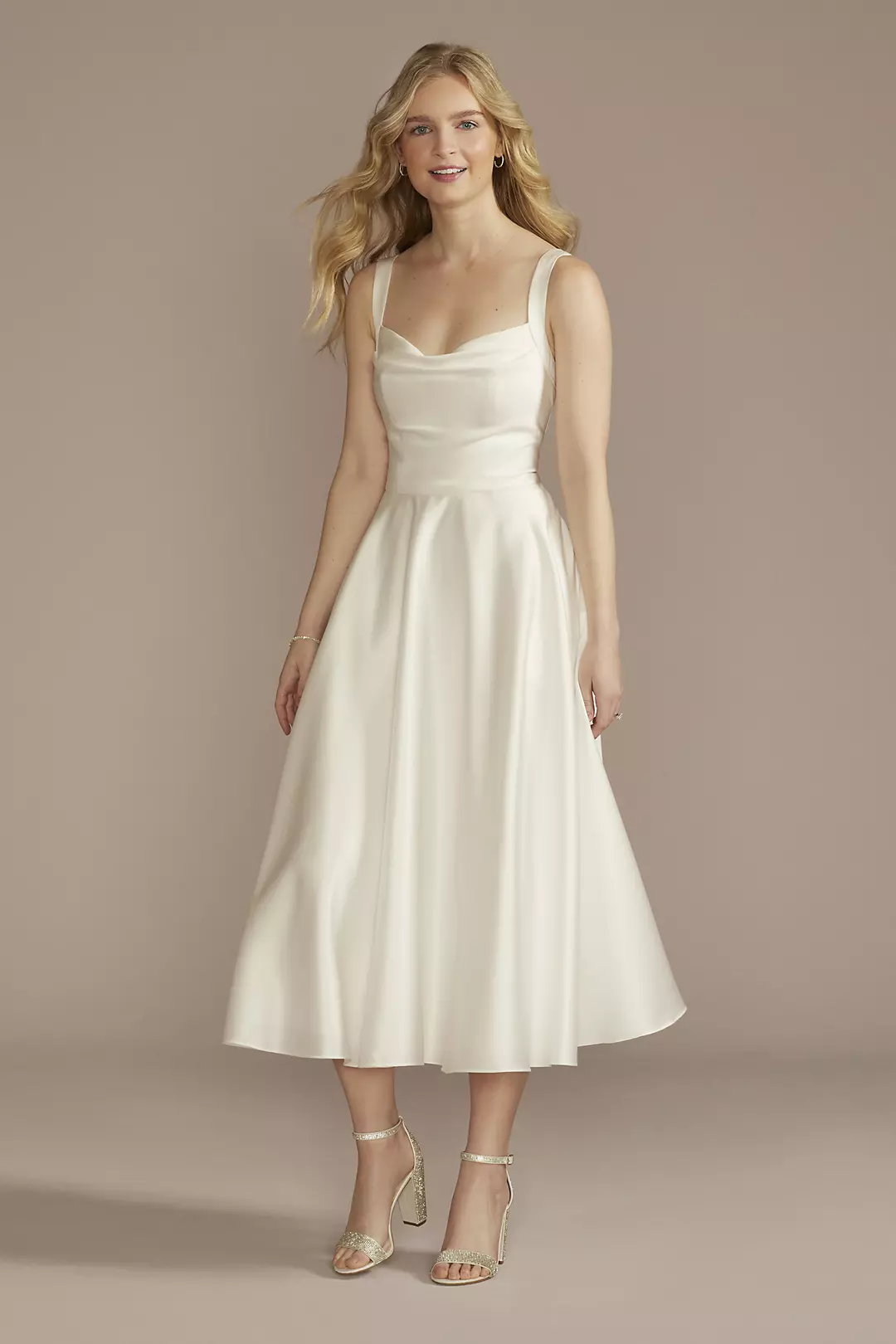 Cowl Neck Tea-Length Satin A-Line Dress - Image 3